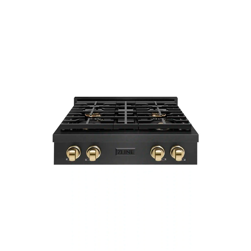 ZLINE Autograph 30-Inch Paramount Gas Rangetop with 4 Burner DuoPro™ Cooktop in Black Satin and Polished Gold Accents (PSRTBSZ-30-G)