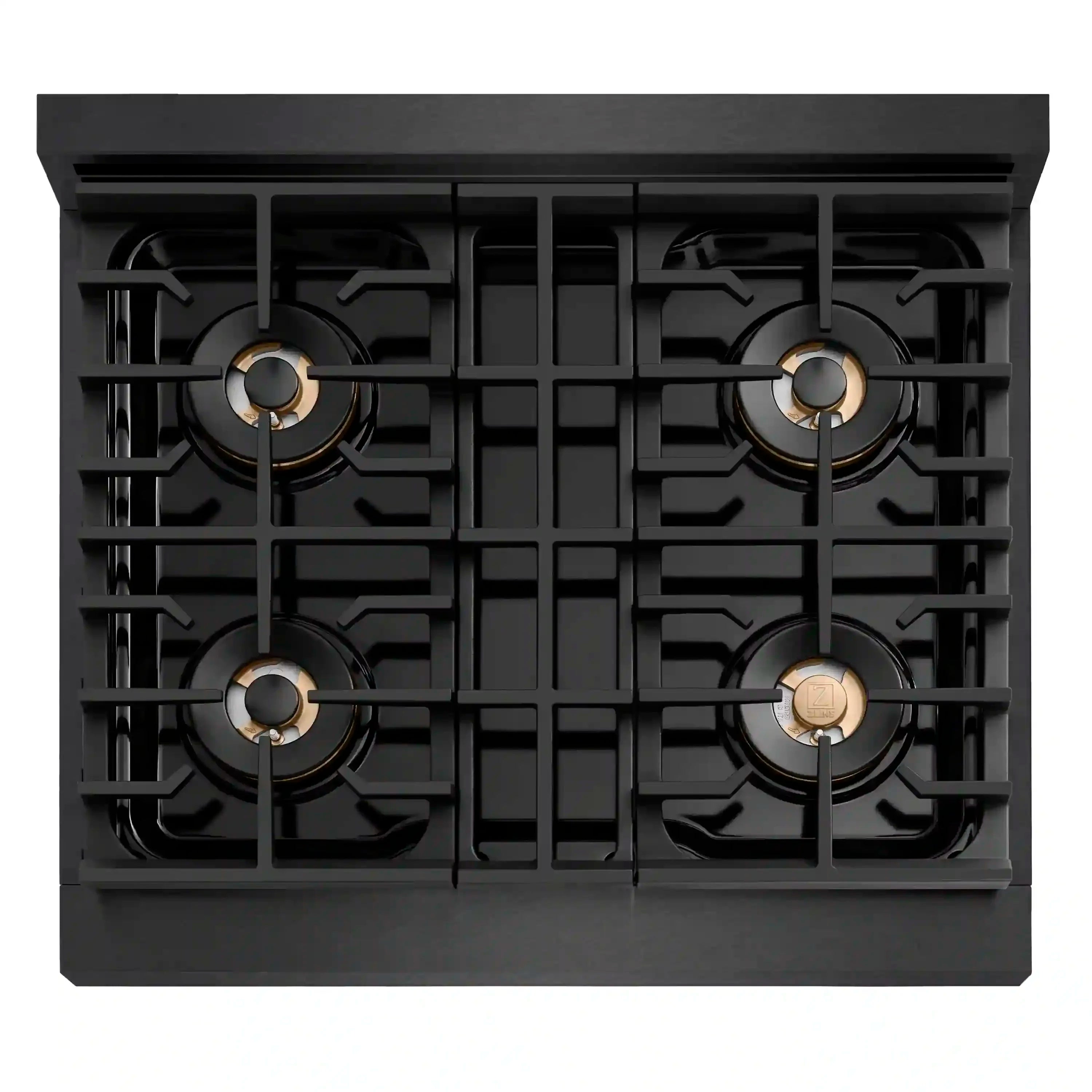 Four-burner black gas cooktop with gold-accent burner caps
