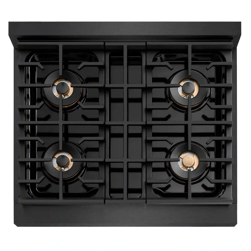 ZLINE Autograph 30-Inch Paramount Gas Rangetop with 4 Burner DuoPro™ Cooktop in Black Satin and Polished Gold Accents (PSRTBSZ-30-G)