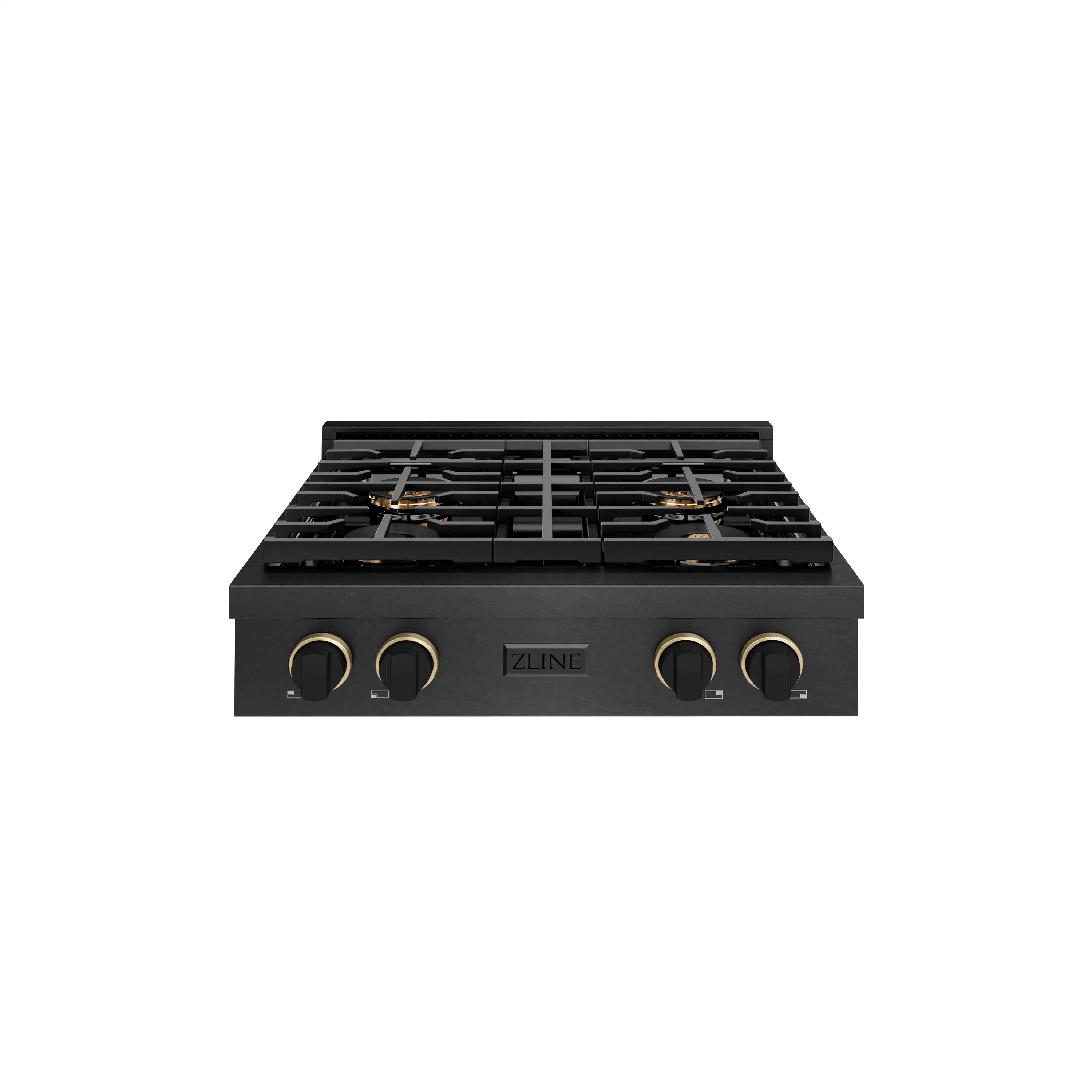 Black gas rangetop with four burner knobs and cast grates, brass-accent trim