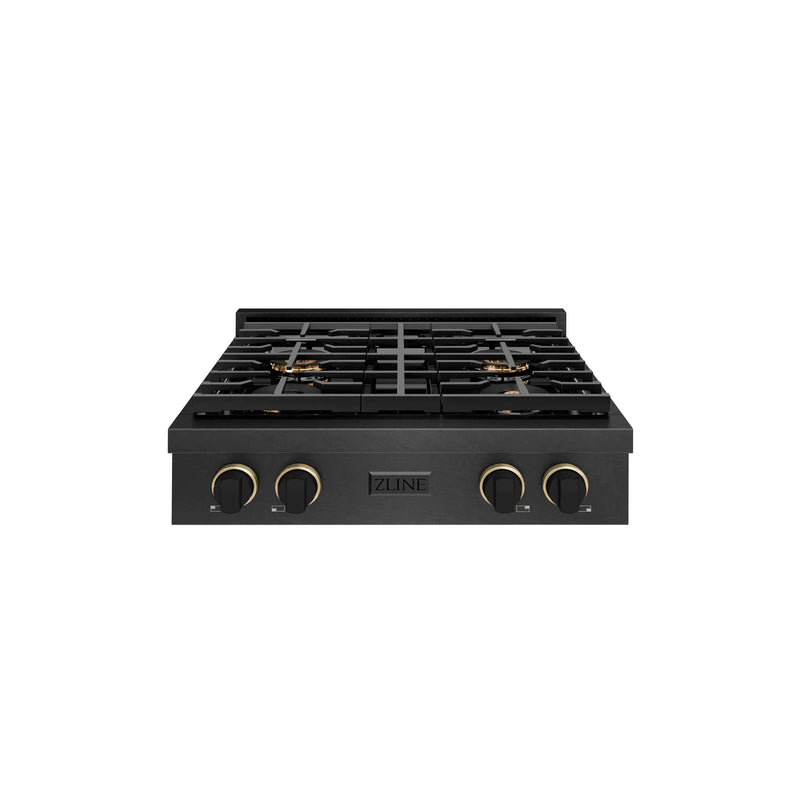ZLINE Designer 30-Inch Paramount Gas Rangetop with 4 Burner DuoPro™ Cooktop in Black Satin with Black and Champagne Accents (PSRTBSZ-30-MBCB)