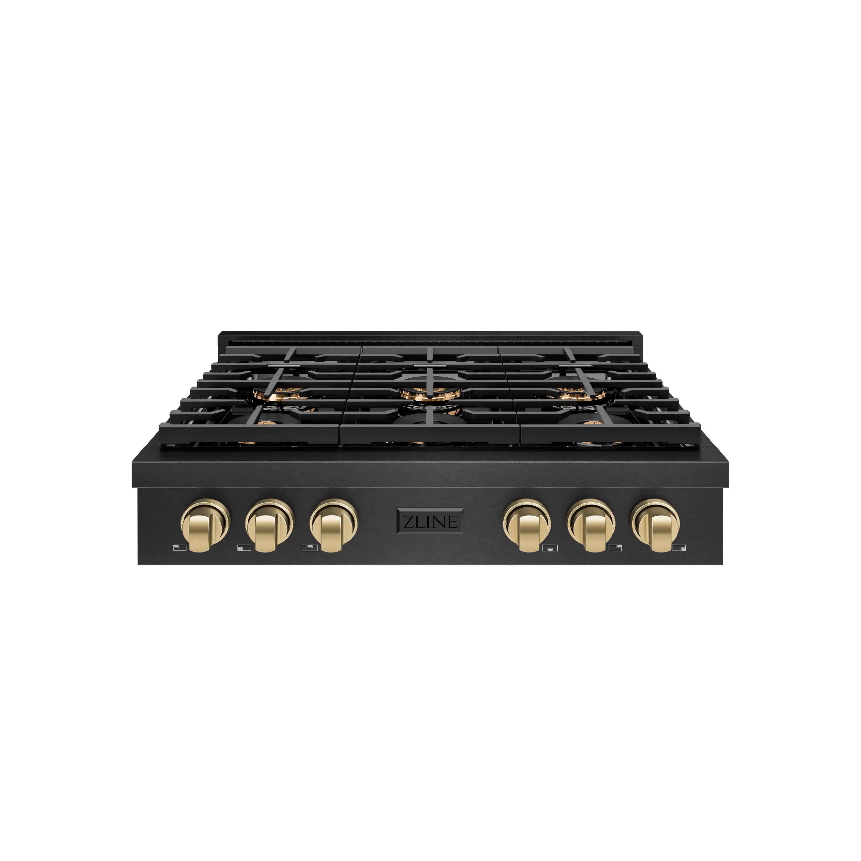 Black gas rangetop with six burners, black grates, and champagne bronze control knobs
