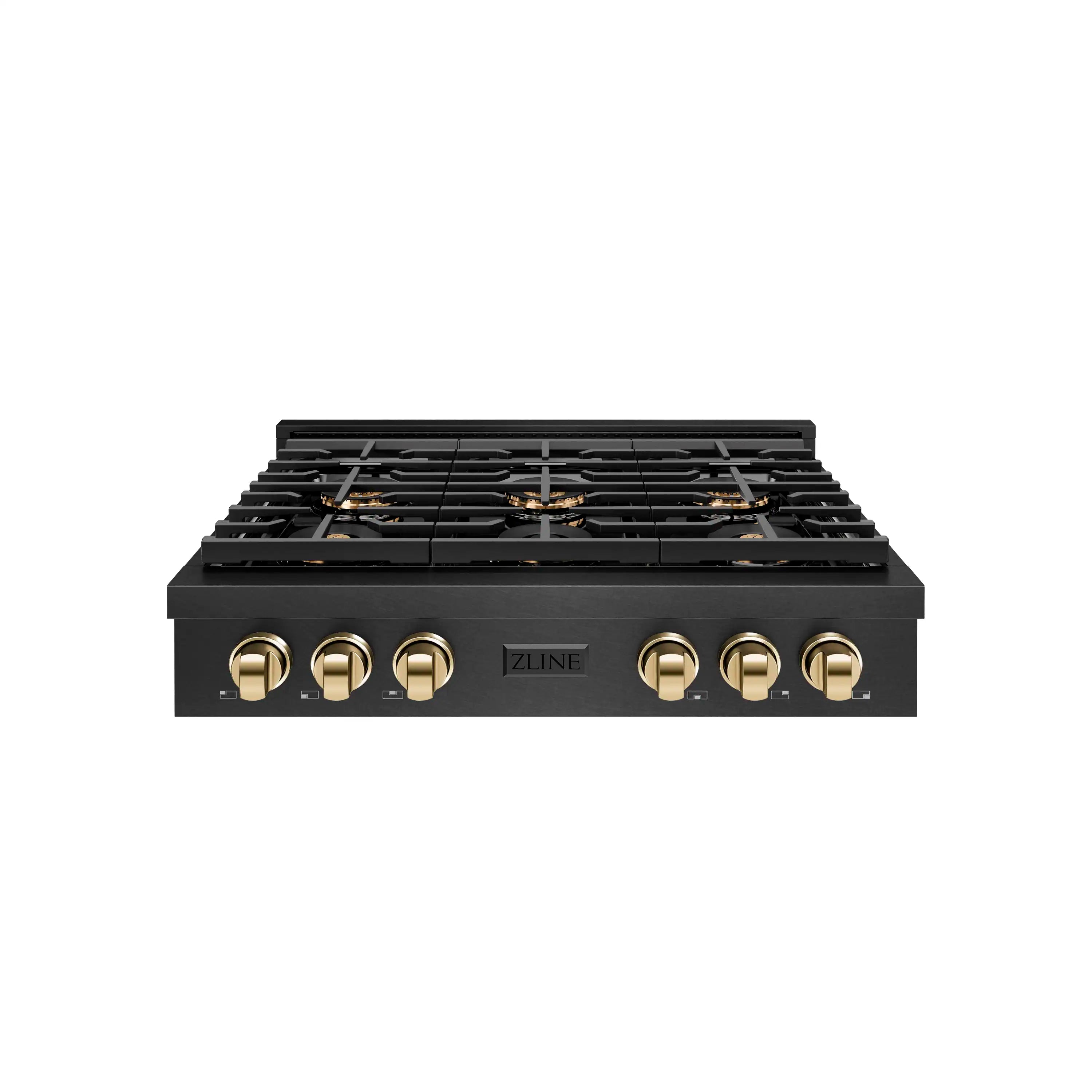 Six-burner black gas rangetop front view with gold control knobs
