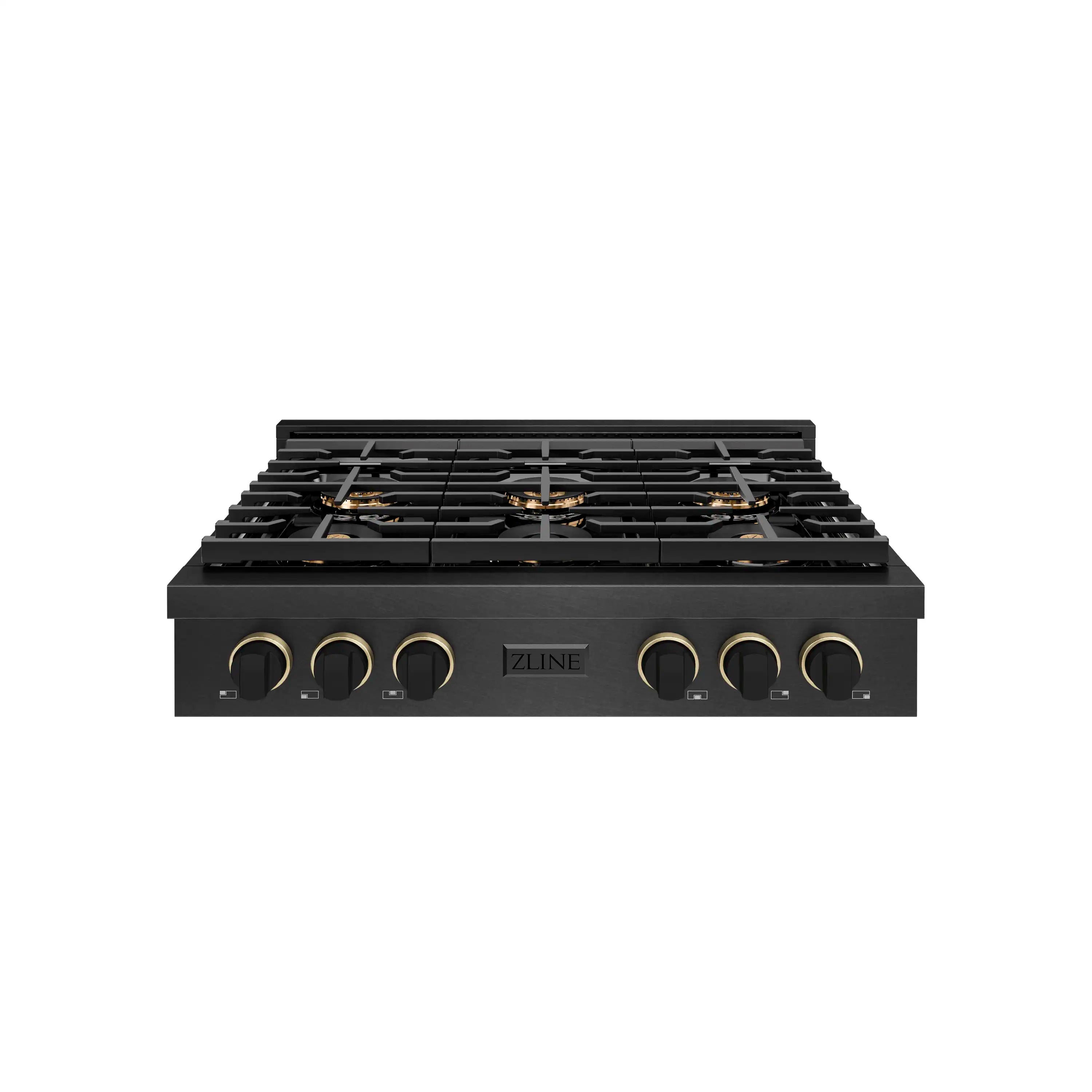 Black 6-burner gas rangetop front view with brass-accent control knobs