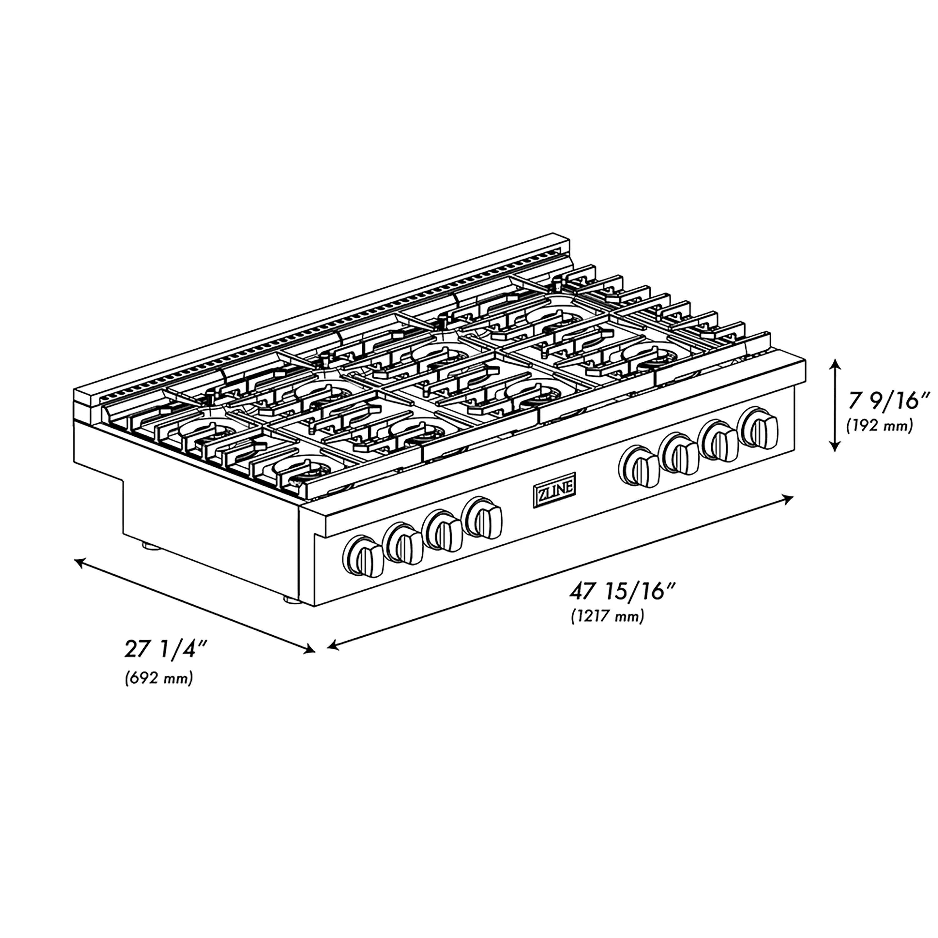 Black gas rangetop diagram showing 8-burner layout and overall dimensions