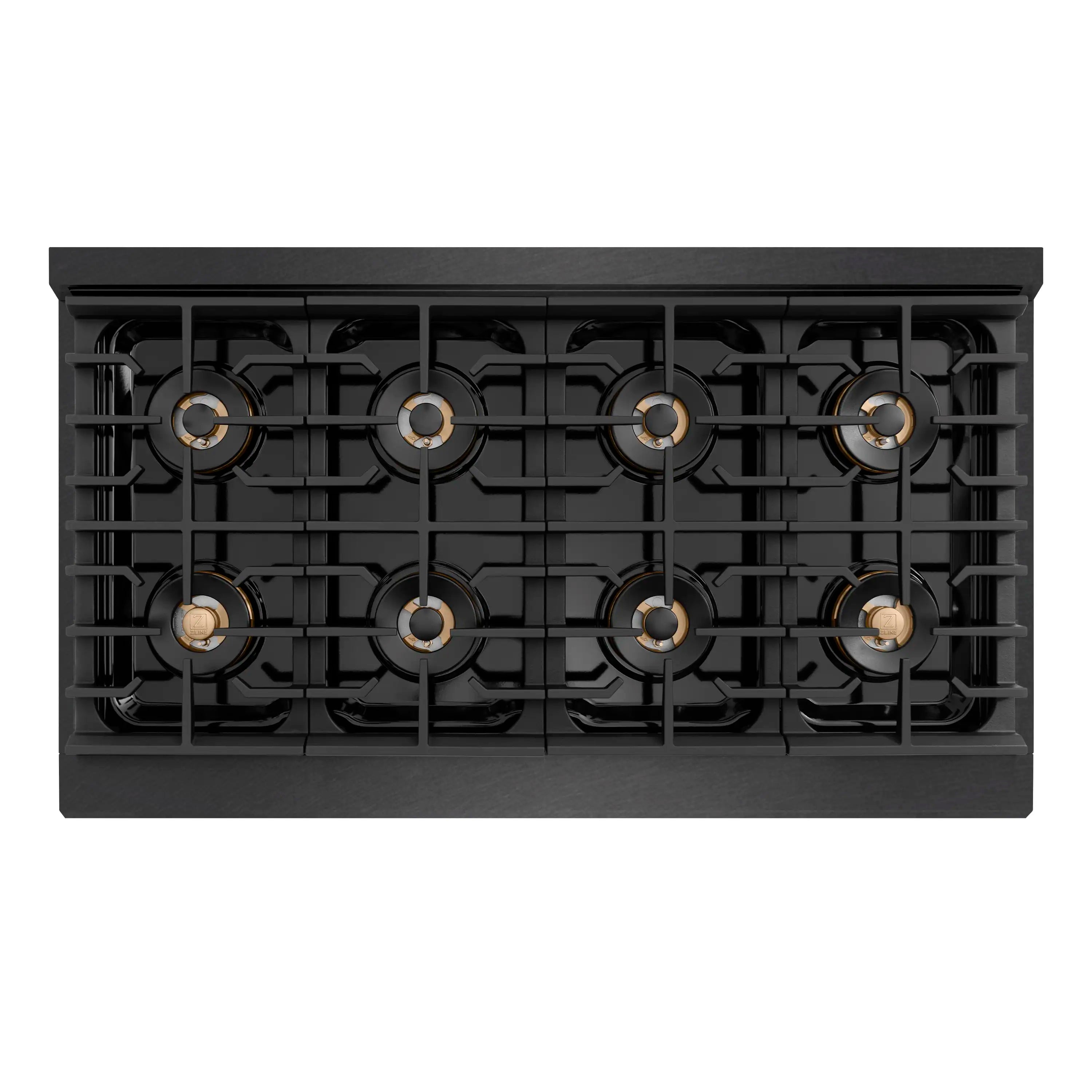 Top view of black gas cooktop showing eight burners with champagne accents