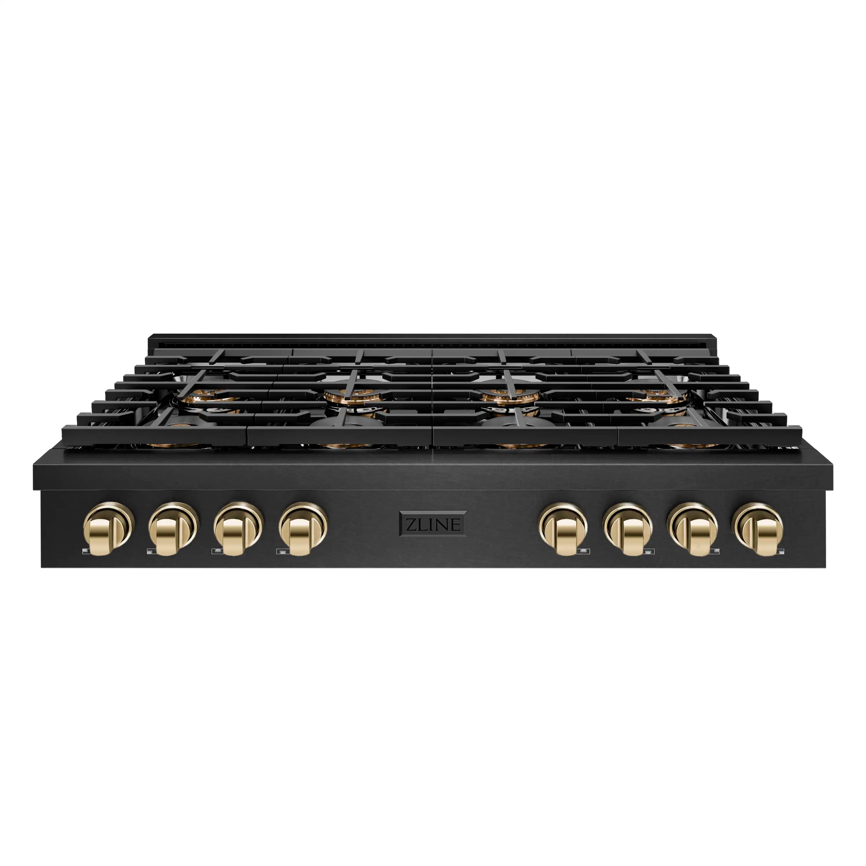 Black gas rangetop front view with gold control knobs and burner grates