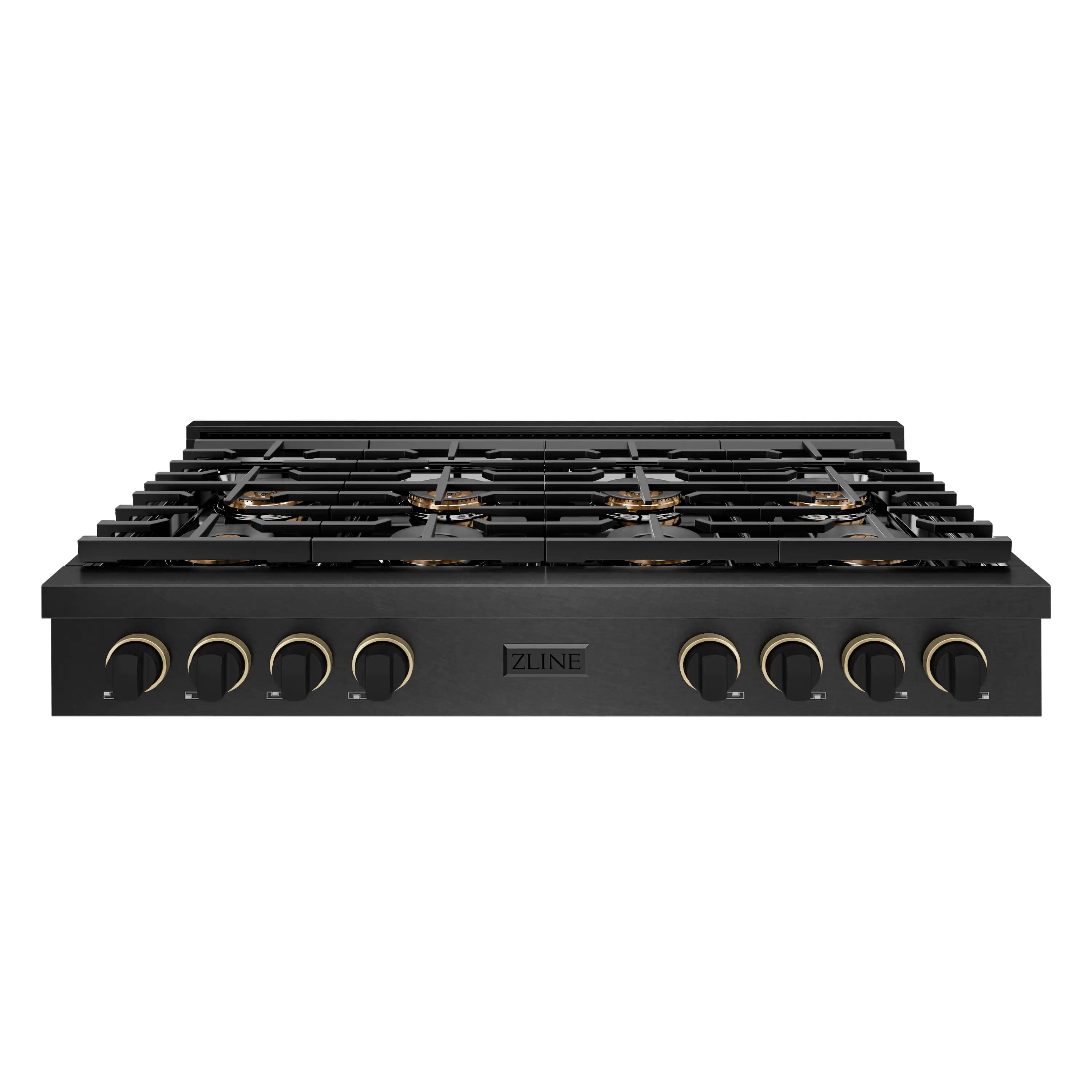 Black satin gas rangetop front view with 8 burner knobs and champagne trim accents.