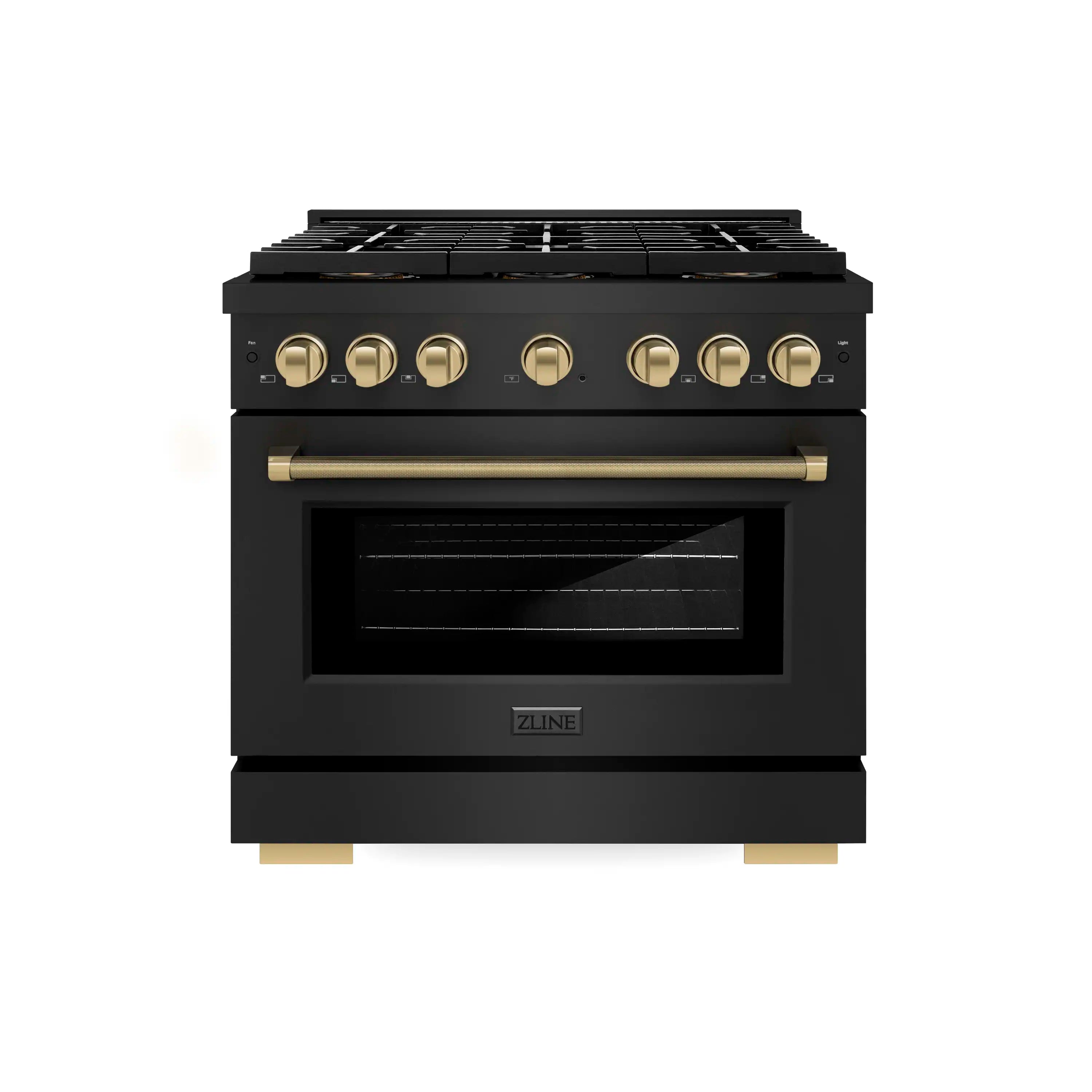 Dual fuel range front with champagne gold knobs and open-glide oven window