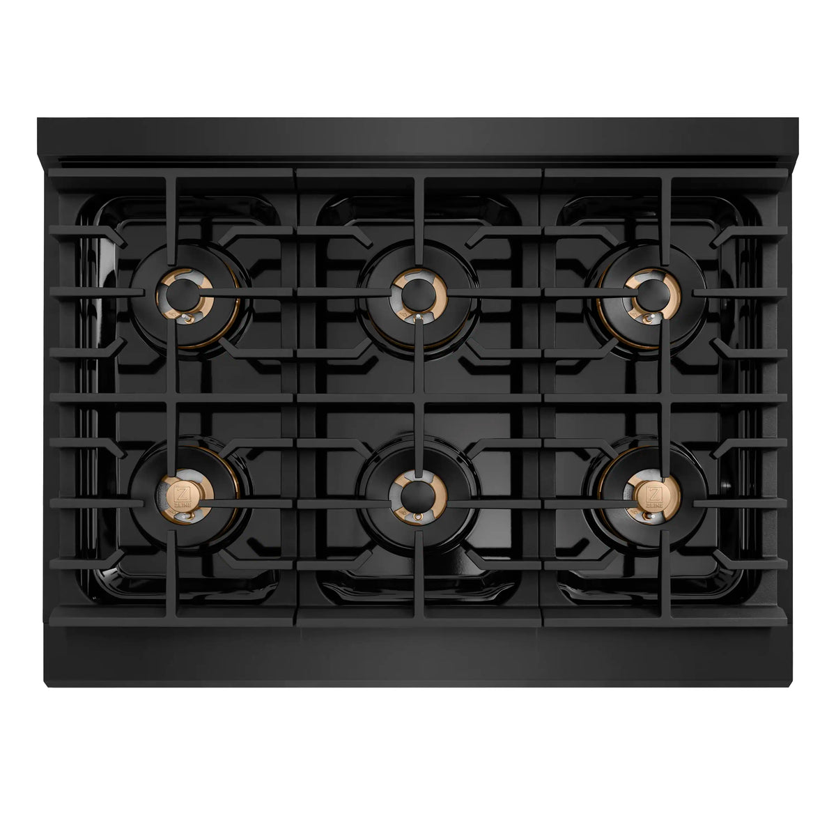 Dual fuel range cooktop with six burners and black grates with brass accents