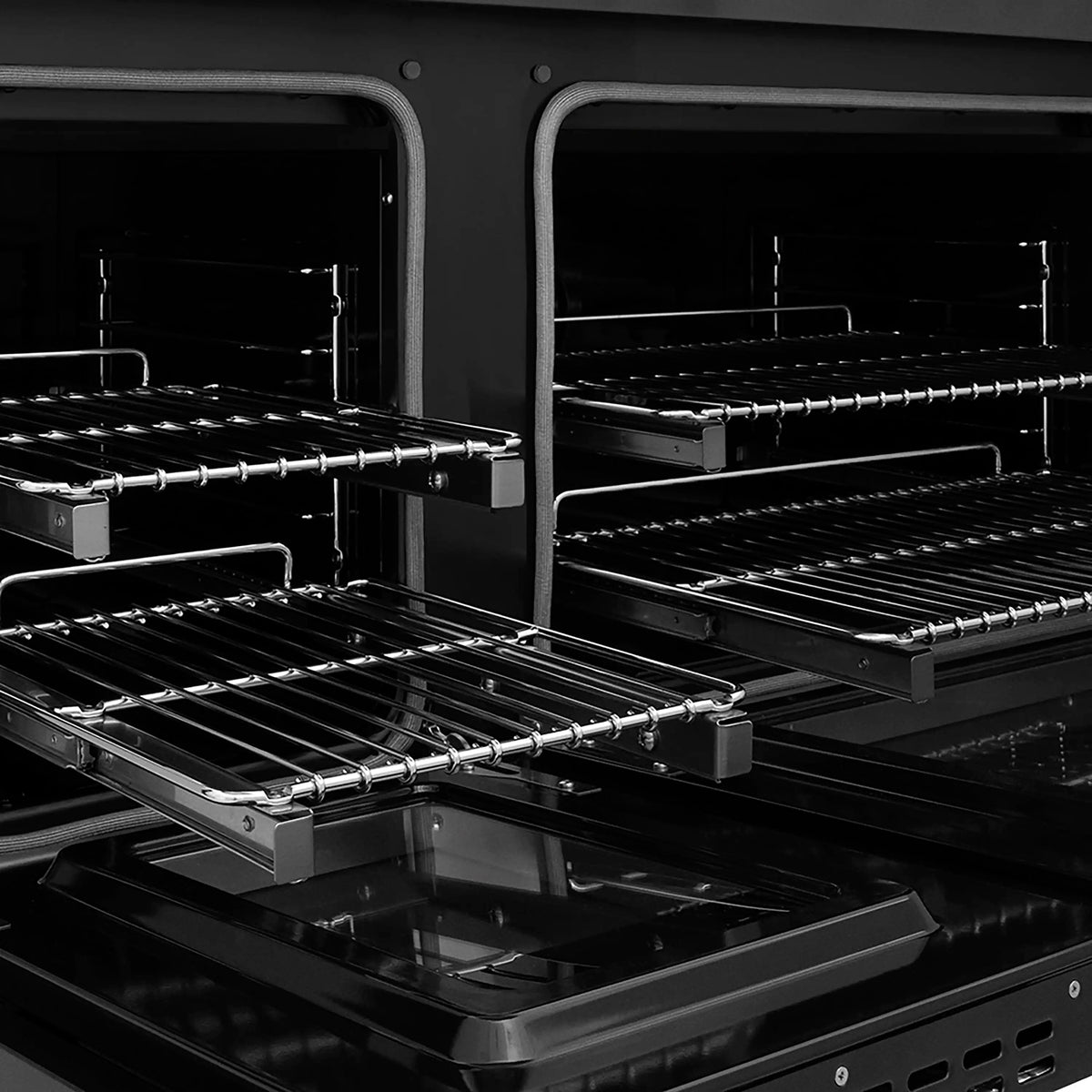 Black oven interior with two wire racks and chrome support rails