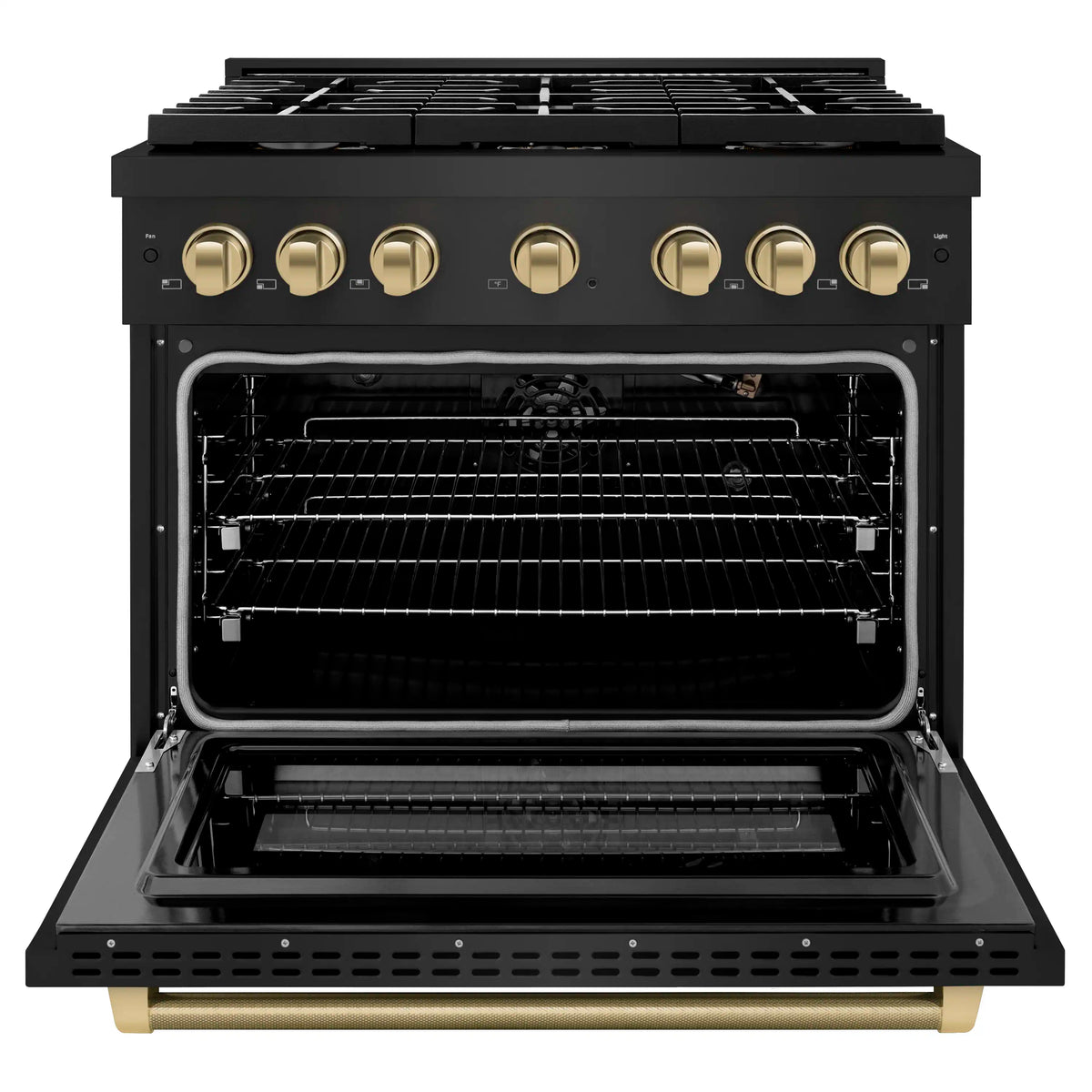 Black gas range with open oven door revealing interior racks and control area