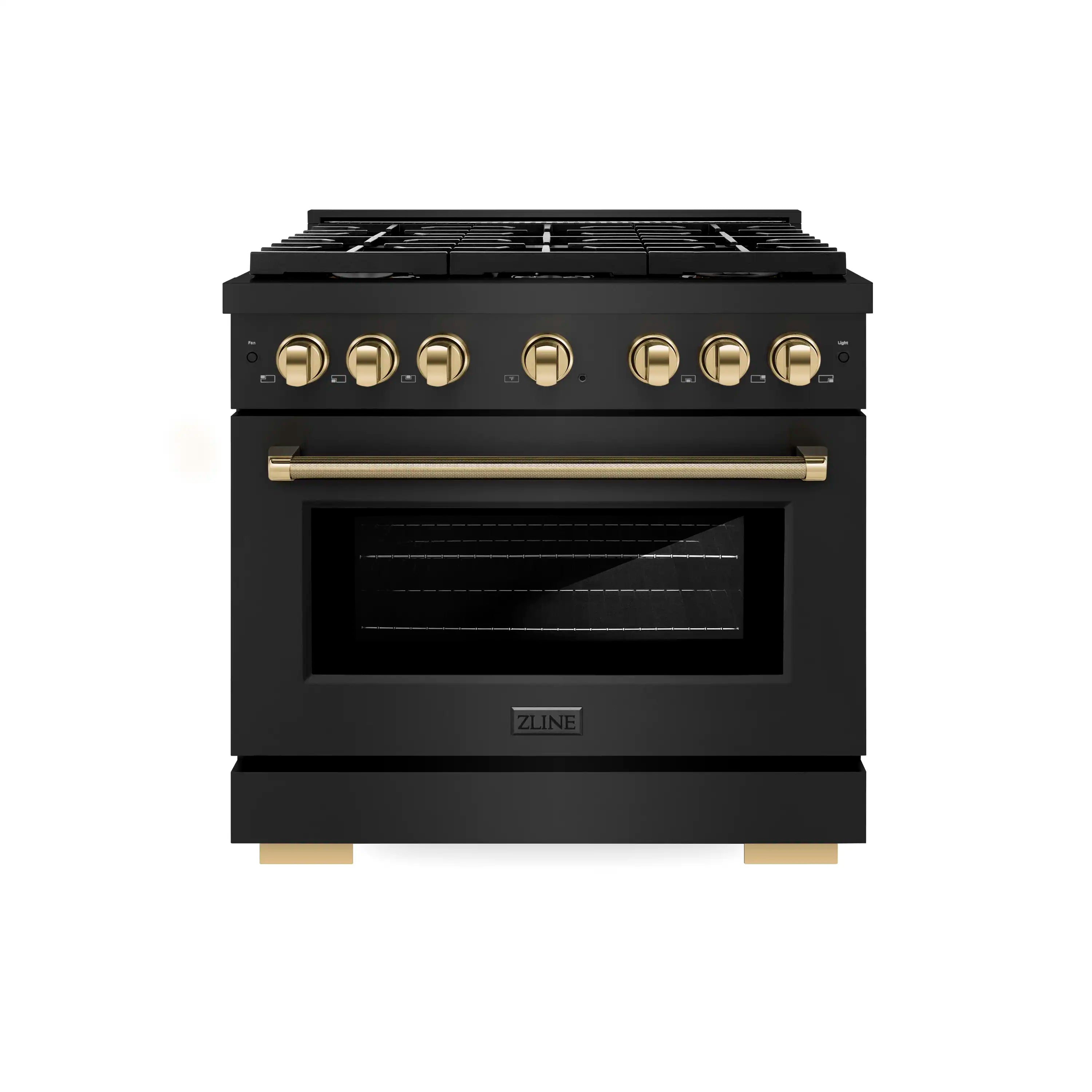 Black stainless steel gas range front with gold helix control knobs and oven door