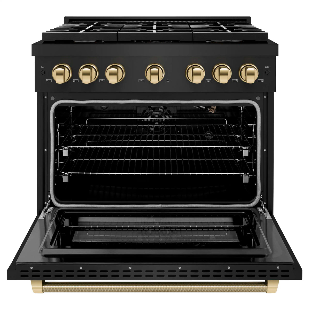 Open black gas range oven with wire rack and gold-accent control knobs