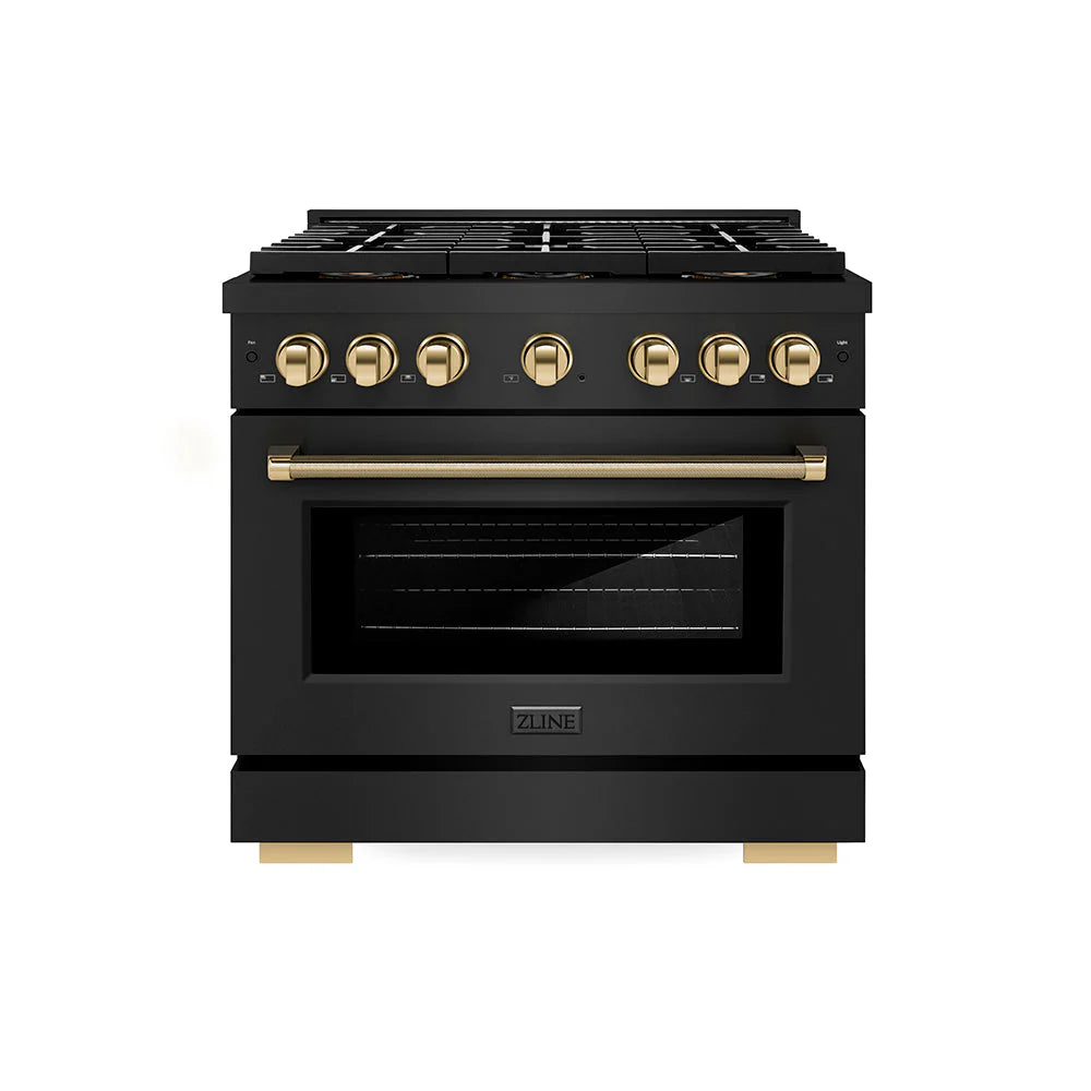 Black stainless gas range with gold knobs and flat black oven door