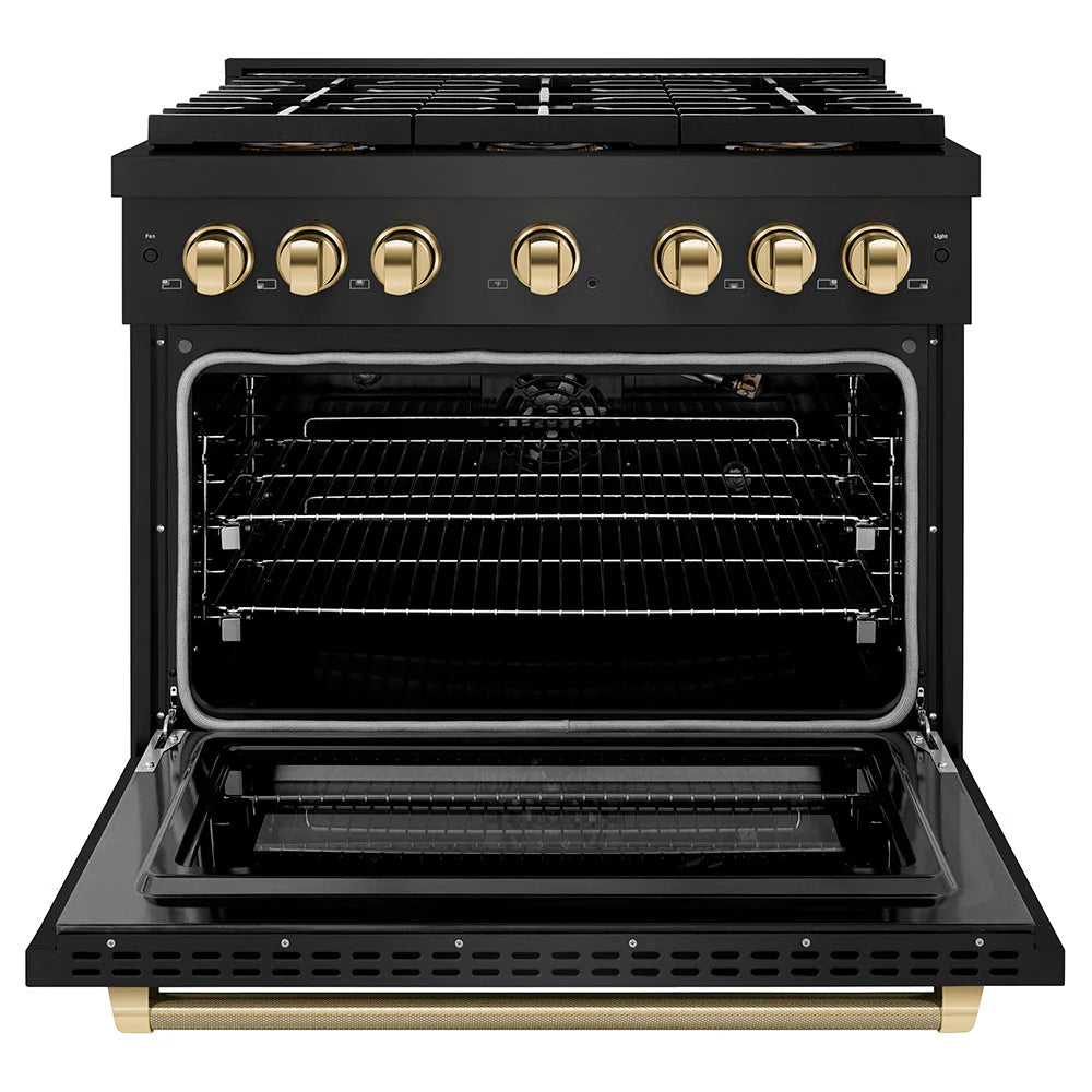 Open black oven with racks and gold-toned lower support trim
