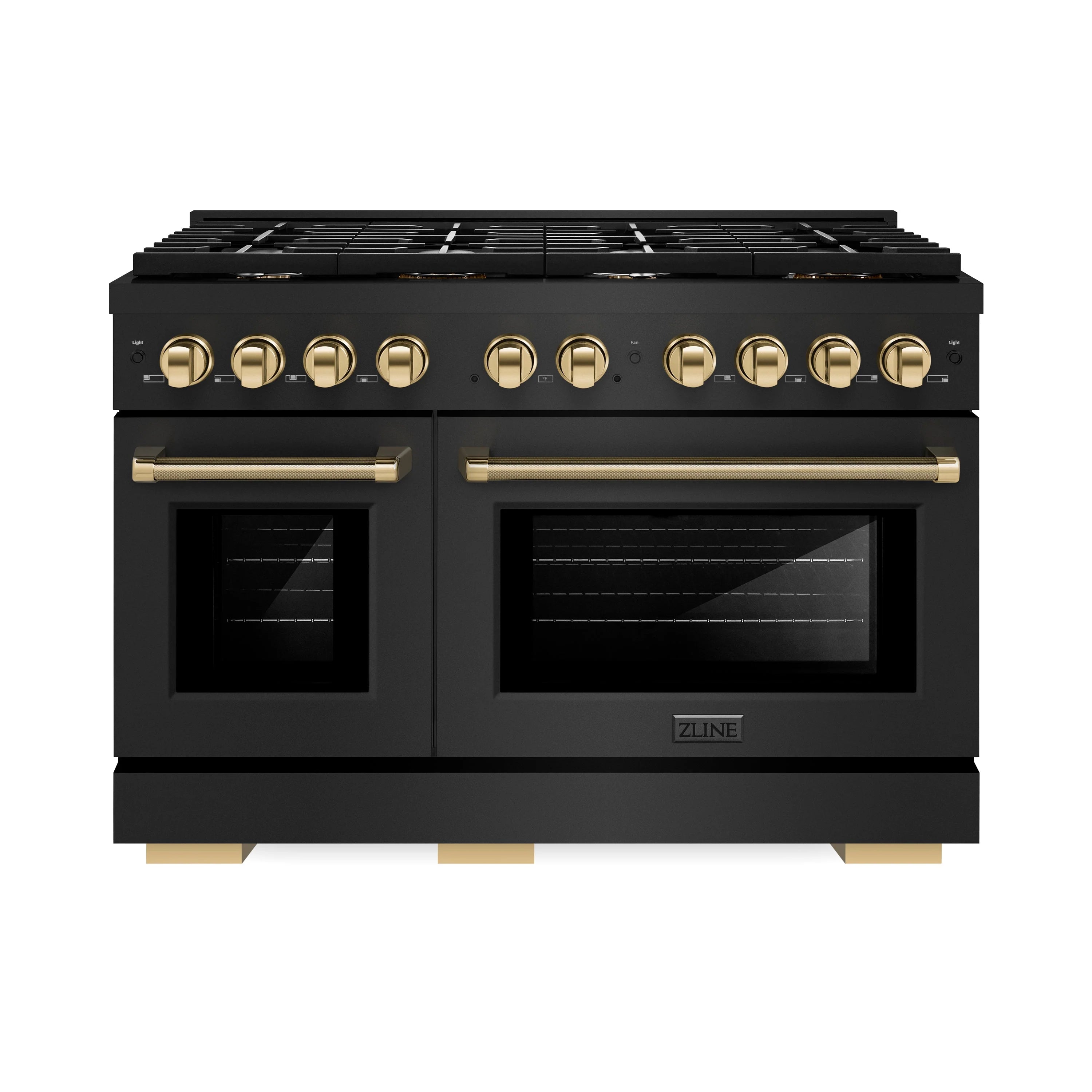 Black stainless gas range with two ovens, gold knob handles, and grates on cooktop