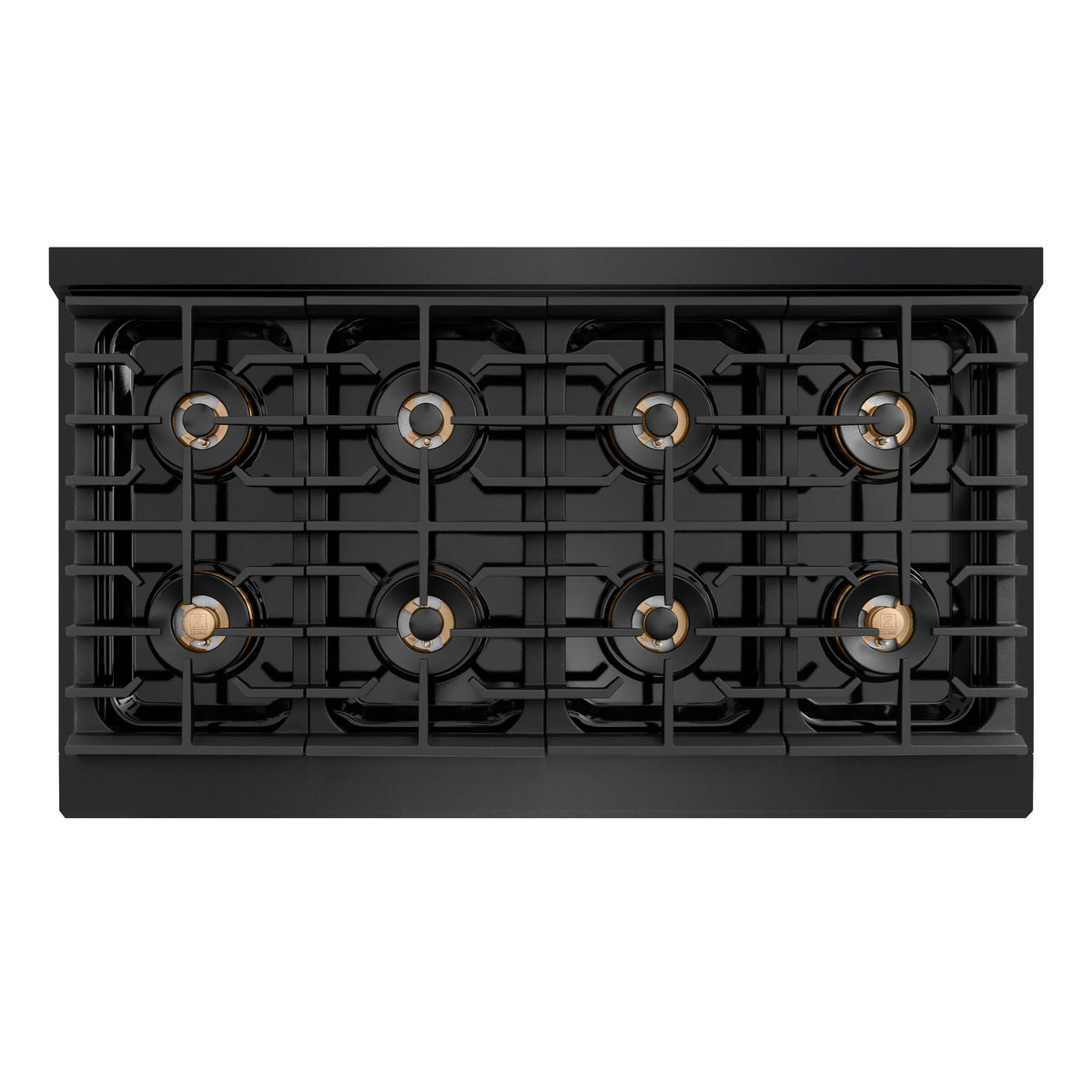 Black gas range cooktop with multiple burners and gold helix-style control knobs