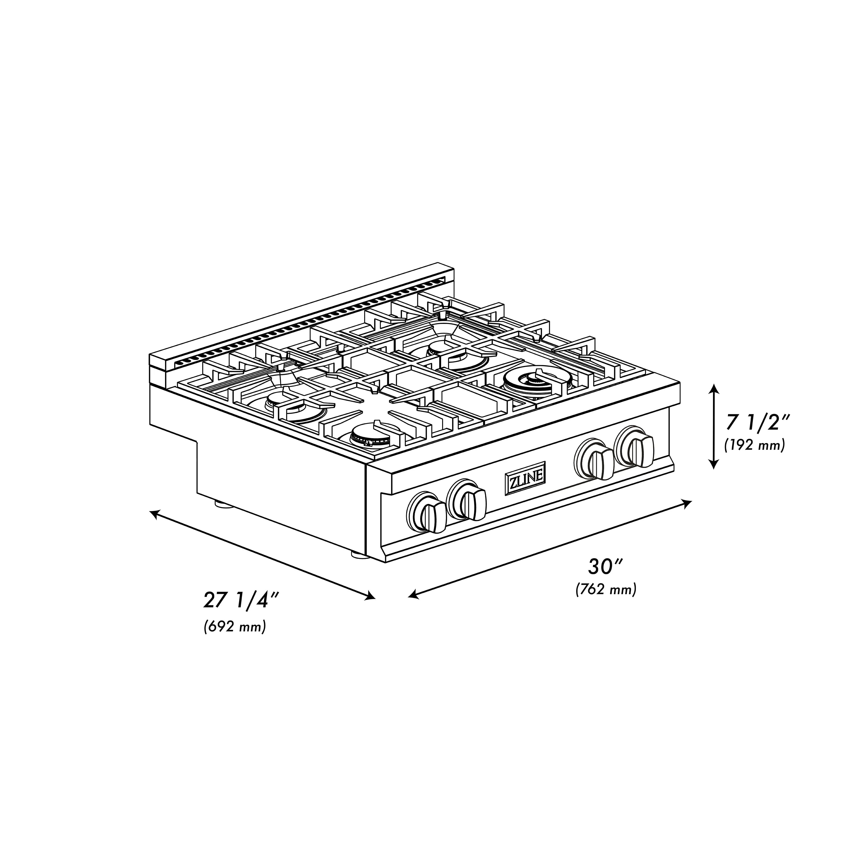 30-inch gas stovetop diagram with four burners and front control knobs
