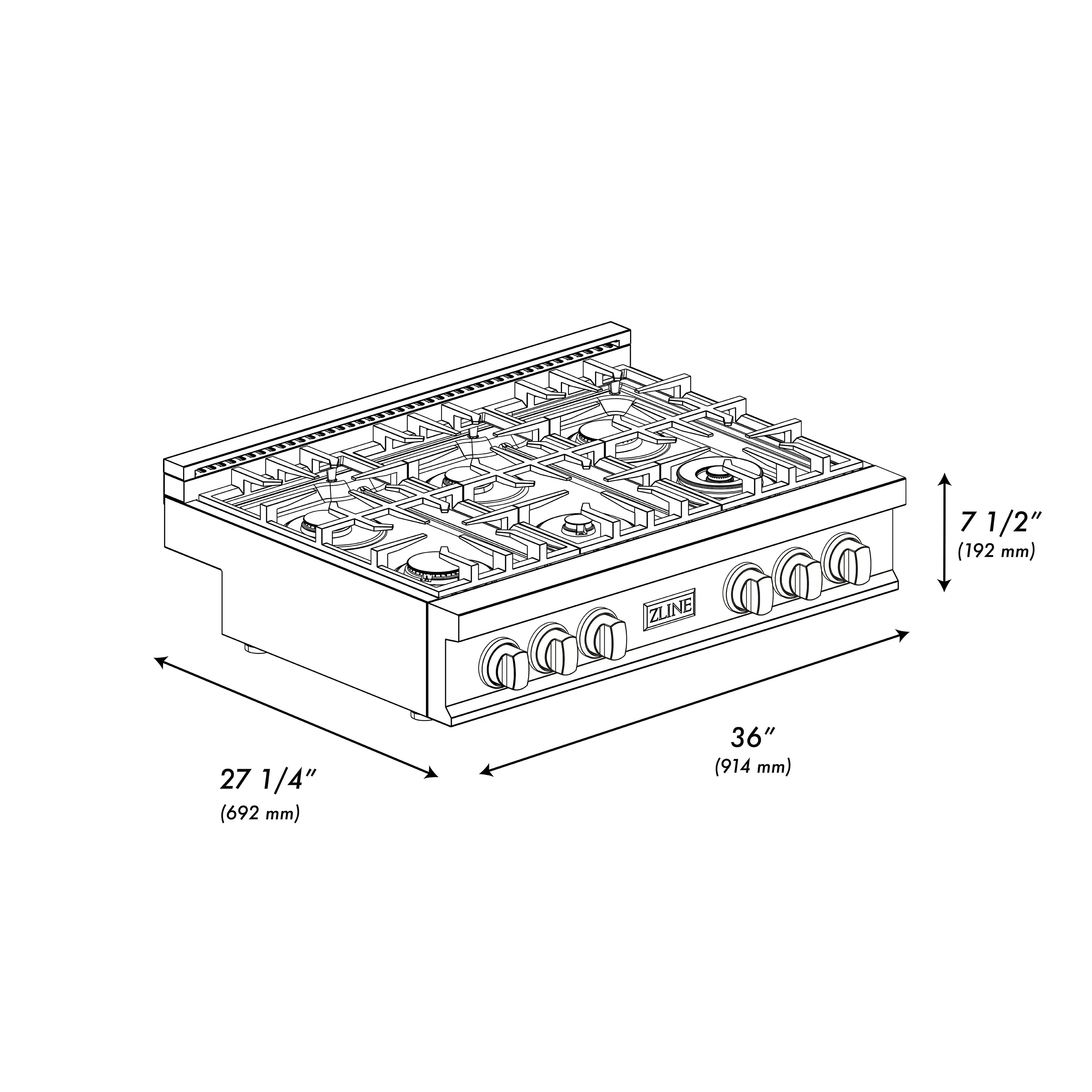 36-inch gas stovetop layout diagram with dimensions and front control knobs