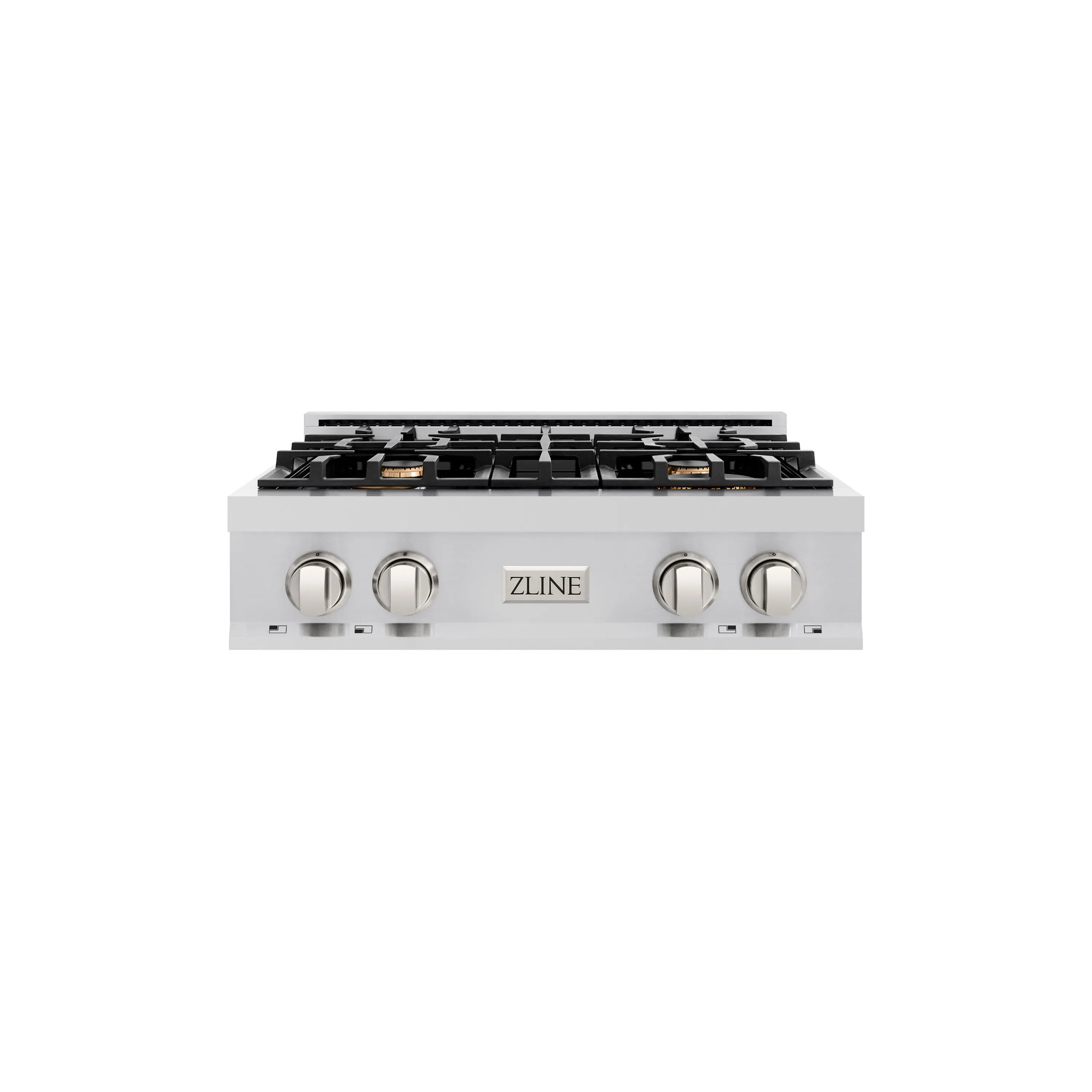 ZLINE porcelain gas stovetop with four brass-look burners and stainless control knobs