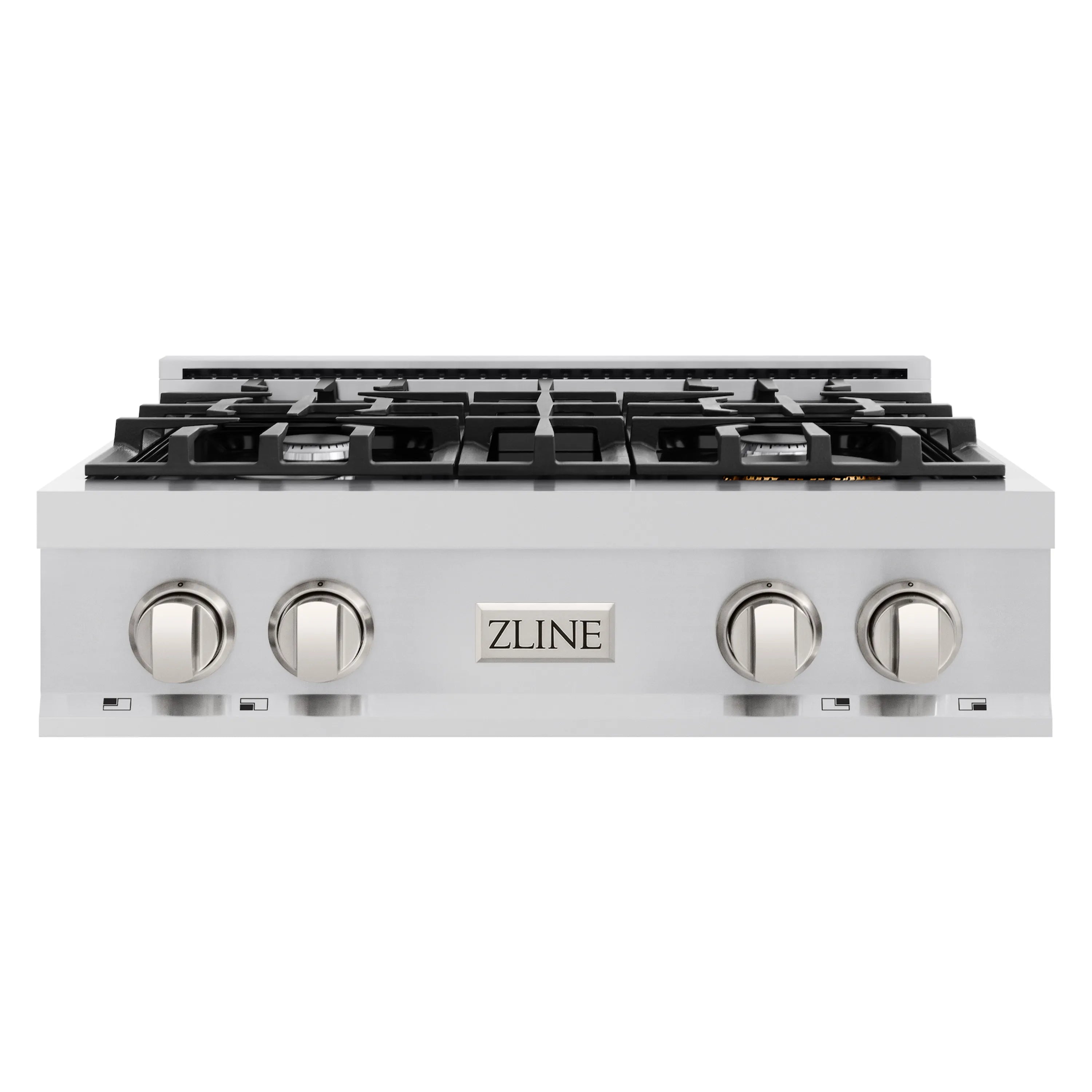 Stainless ZLINE gas stovetop with four burners, four front knobs, and black grate