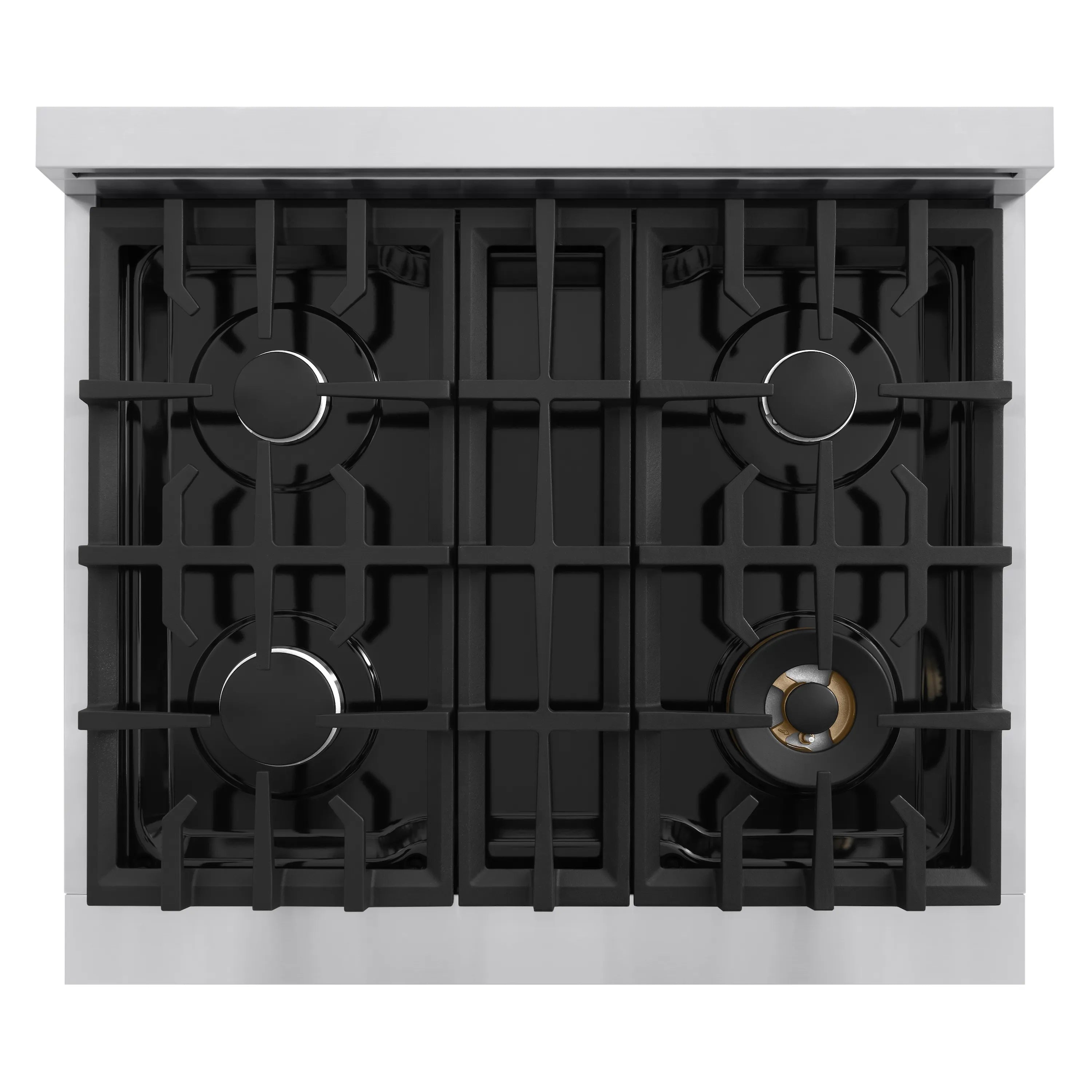 Black gas stovetop with four burners and cast grates, 2 front and 2 rear