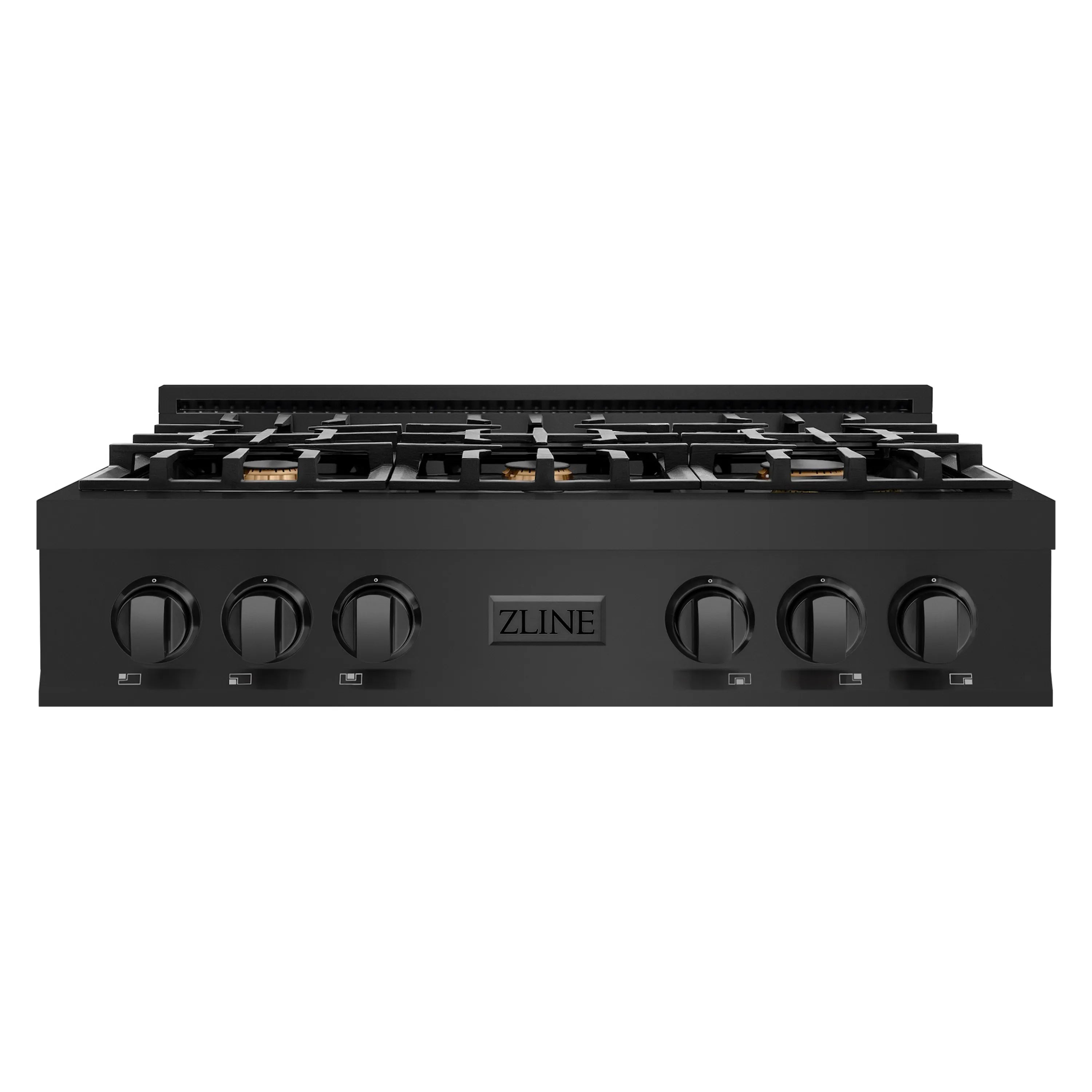 Black gas stovetop with six burner knobs and ZLINE center badge