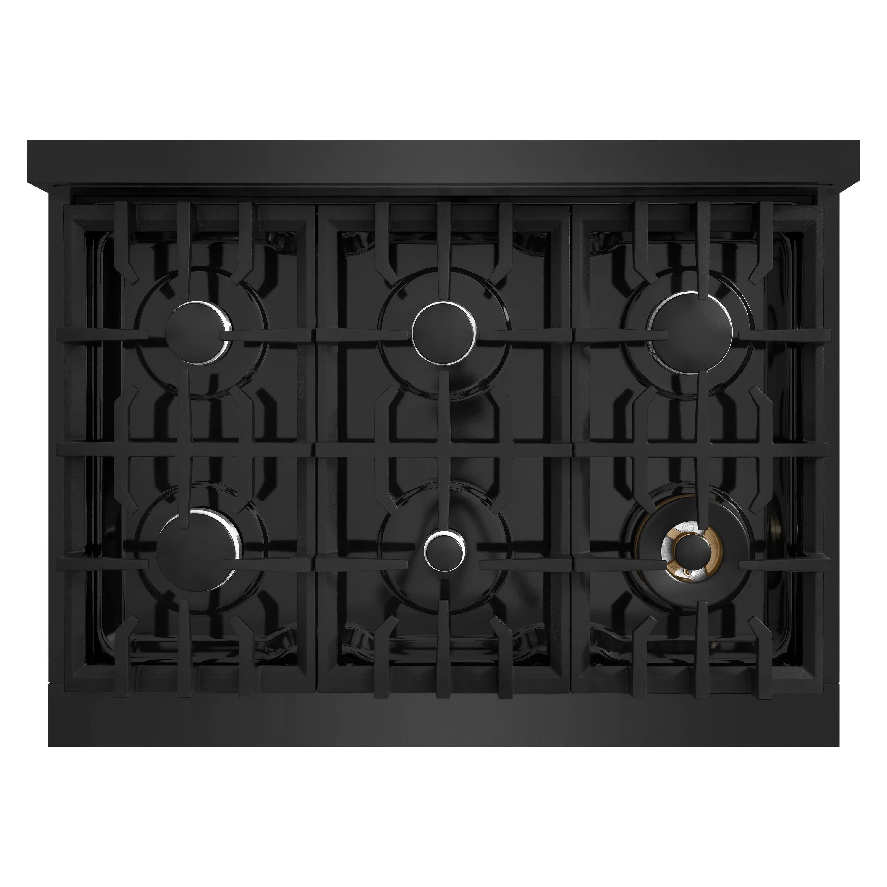 Black gas rangetop burner layout with grates and six circular burner openings