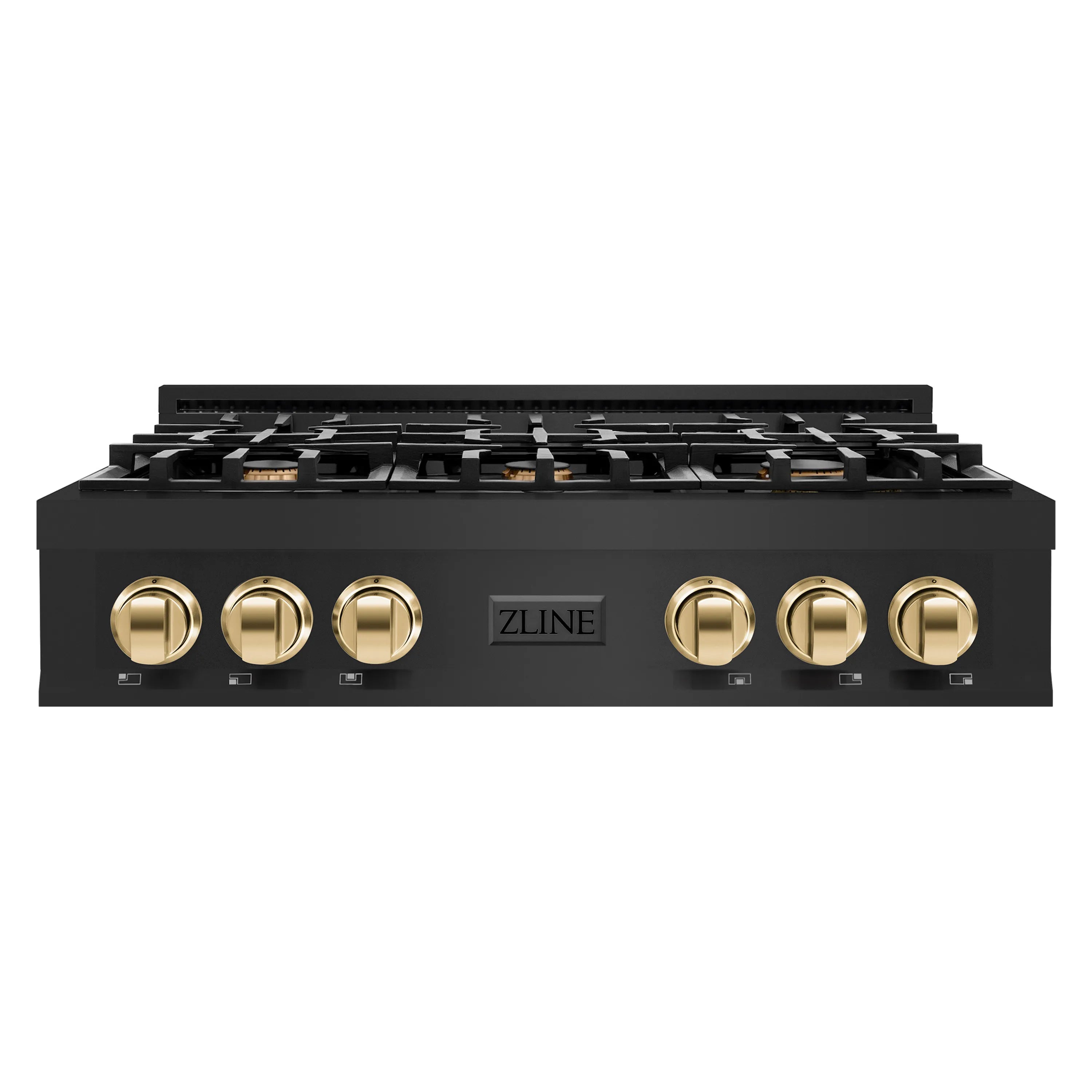 ZLINE black gas rangetop with gold control knobs and burner grates