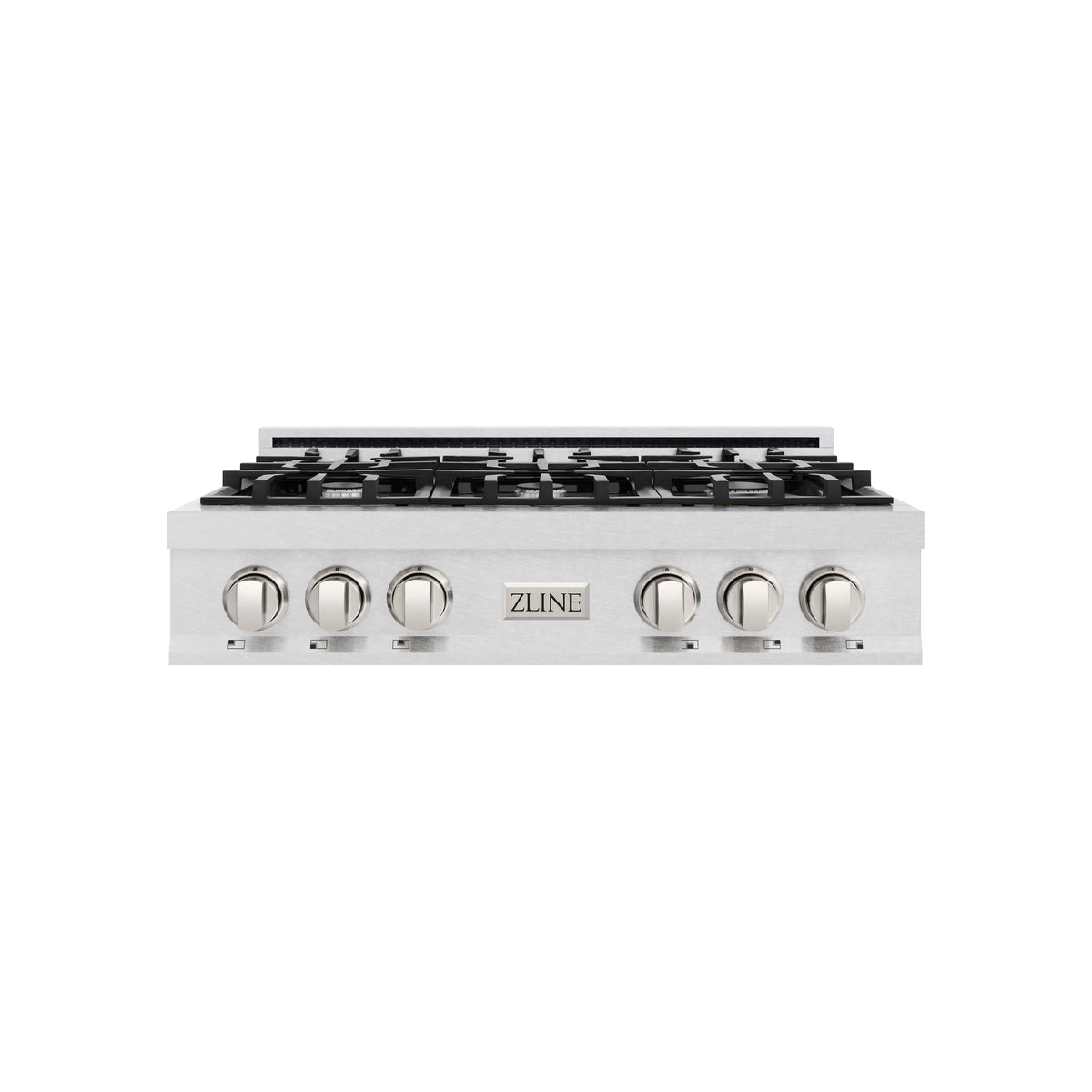 36-inch satin stainless steel gas cooktop with black burner grates and control knobs