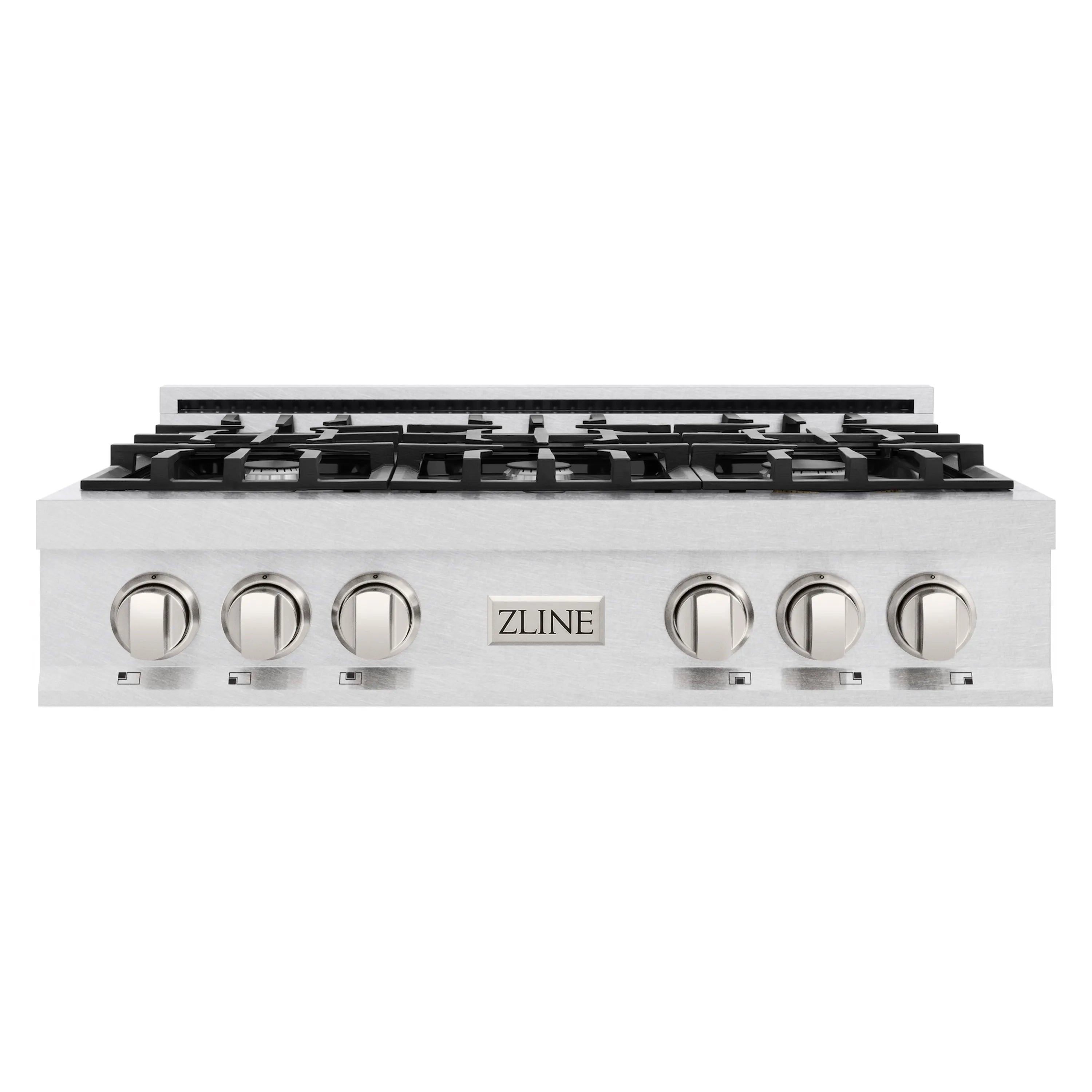36-inch stainless steel 6-burner gas stovetop with control knobs and branded logo