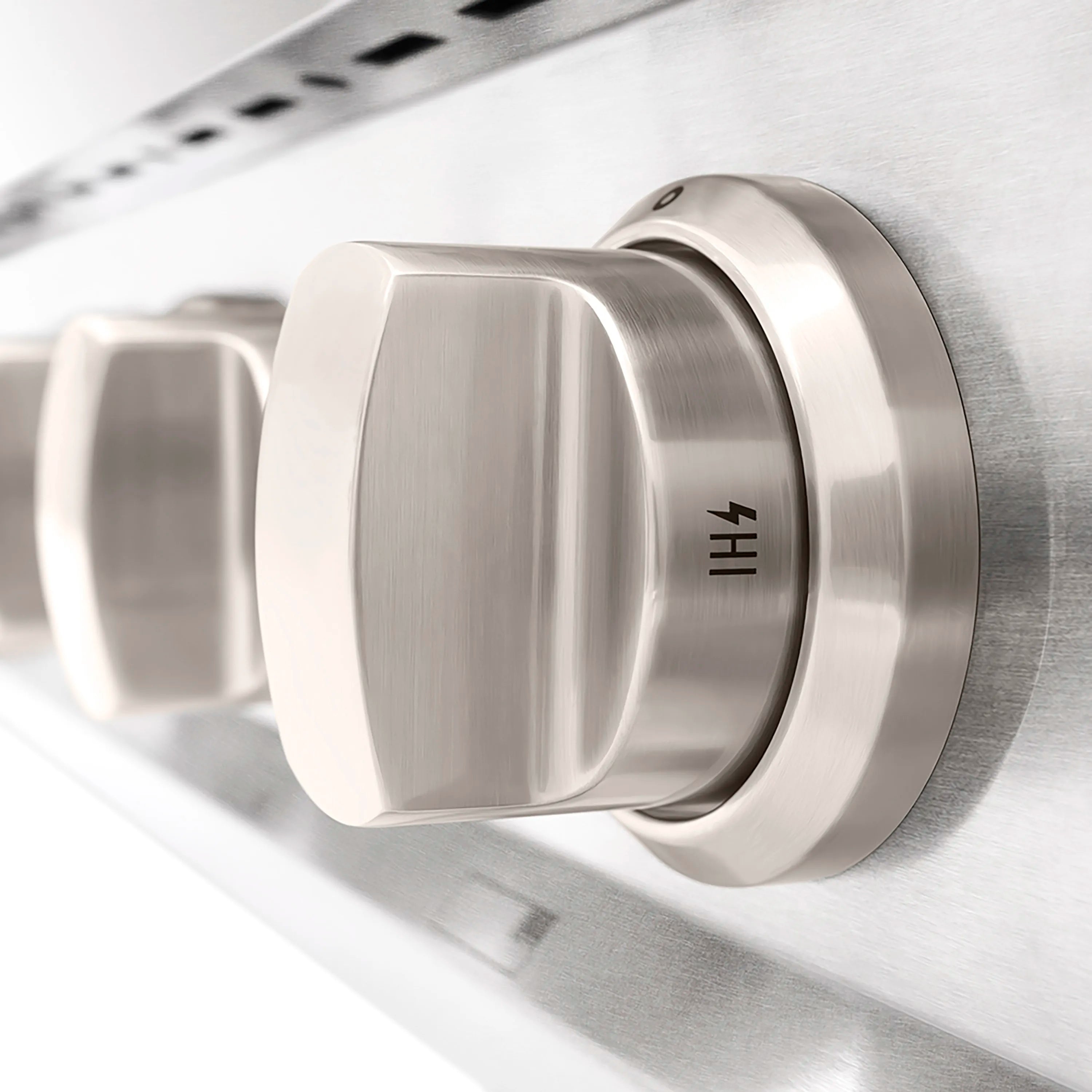 Stainless steel gas stovetop control knob with black center marker
