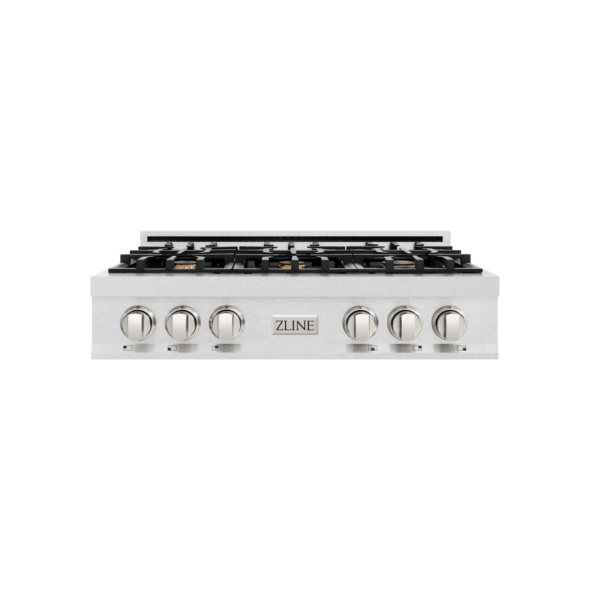 Stainless-steel gas rangefront view with six control knobs and black burner layout