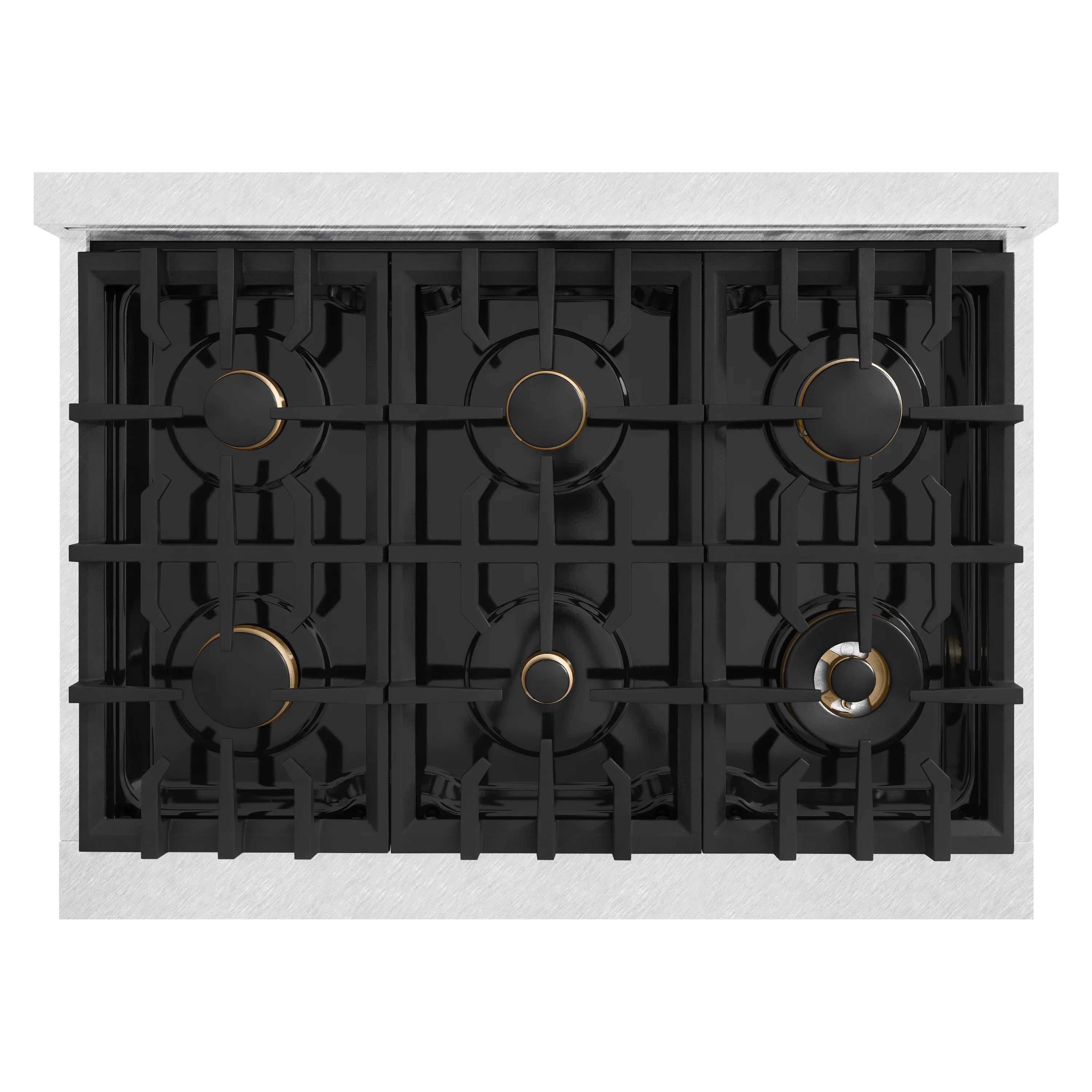Inside view of gas cooktop with black burner assembly and brass-ring ignition parts
