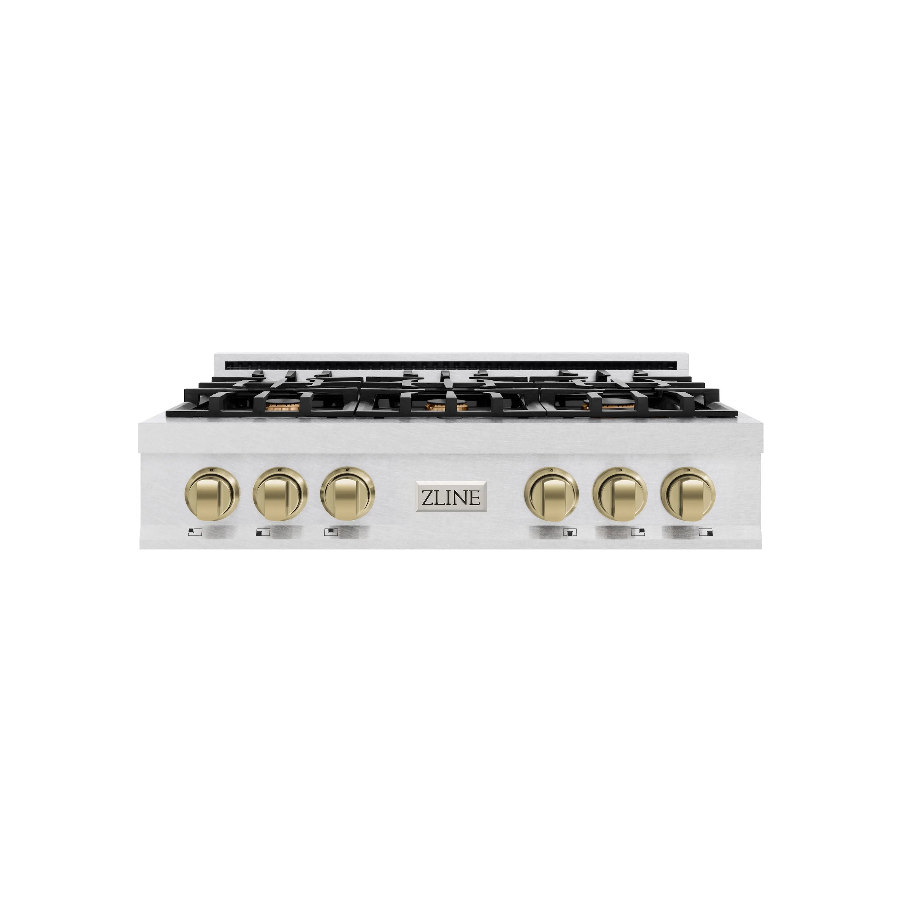 36-inch gas rangetop with six burners, satin stainless steel and champagne bronze knobs