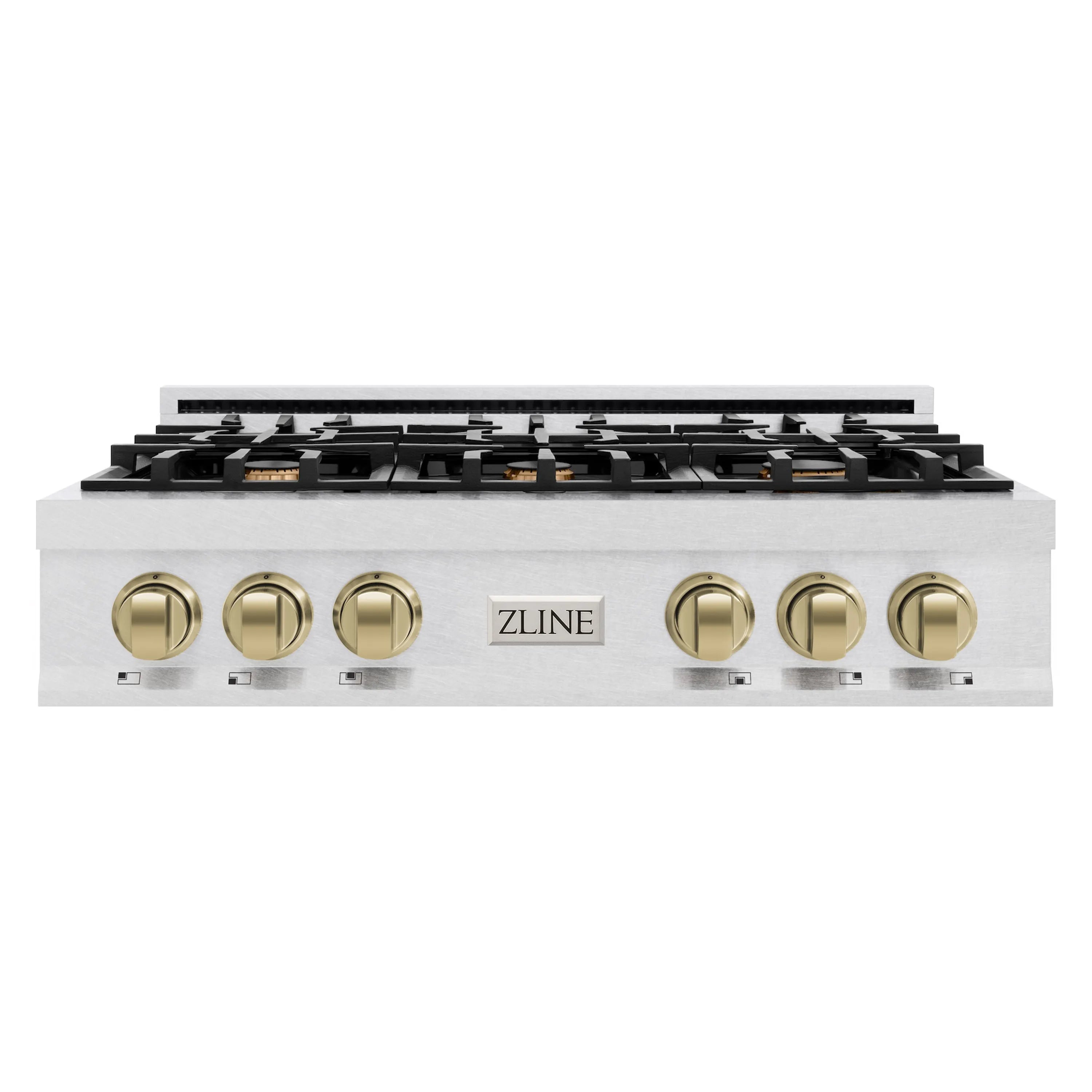 Gas rangetop with six burners, satin stainless steel front panel and champagne bronze controls