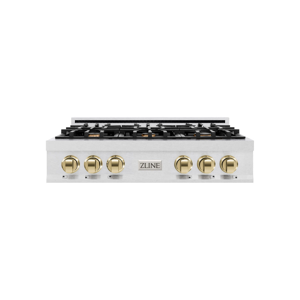 Six-burner gas rangetop with stainless steel body and gold-accent control knobs
