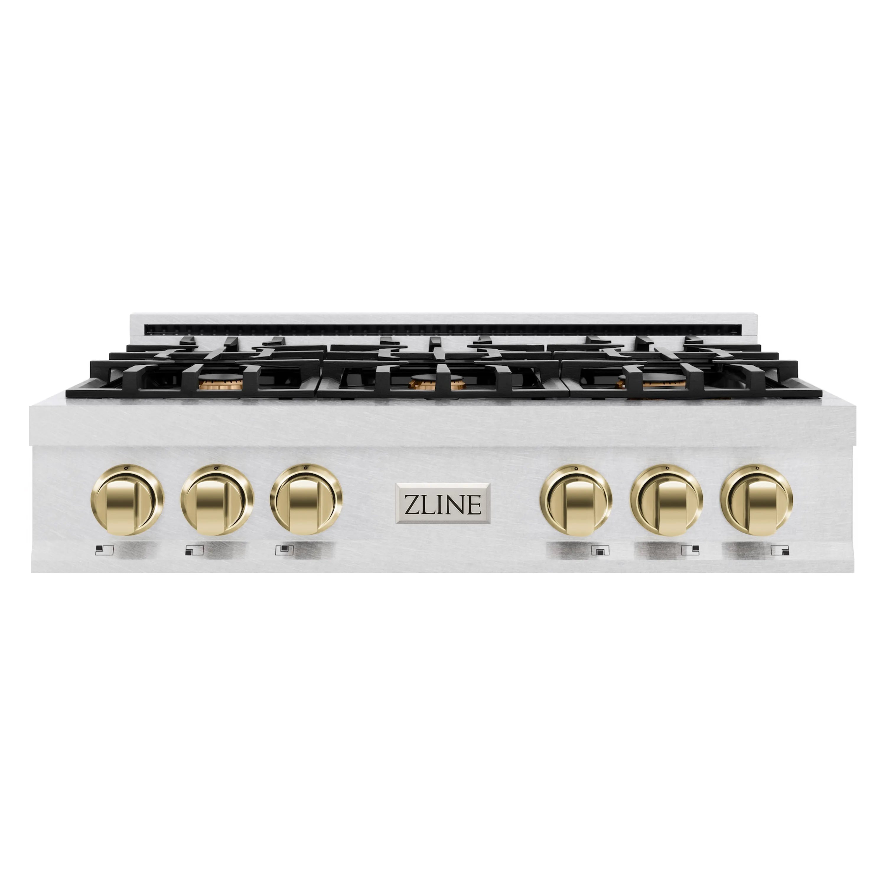 Stainless steel gas rangetop with 6 burners and gold control knobs