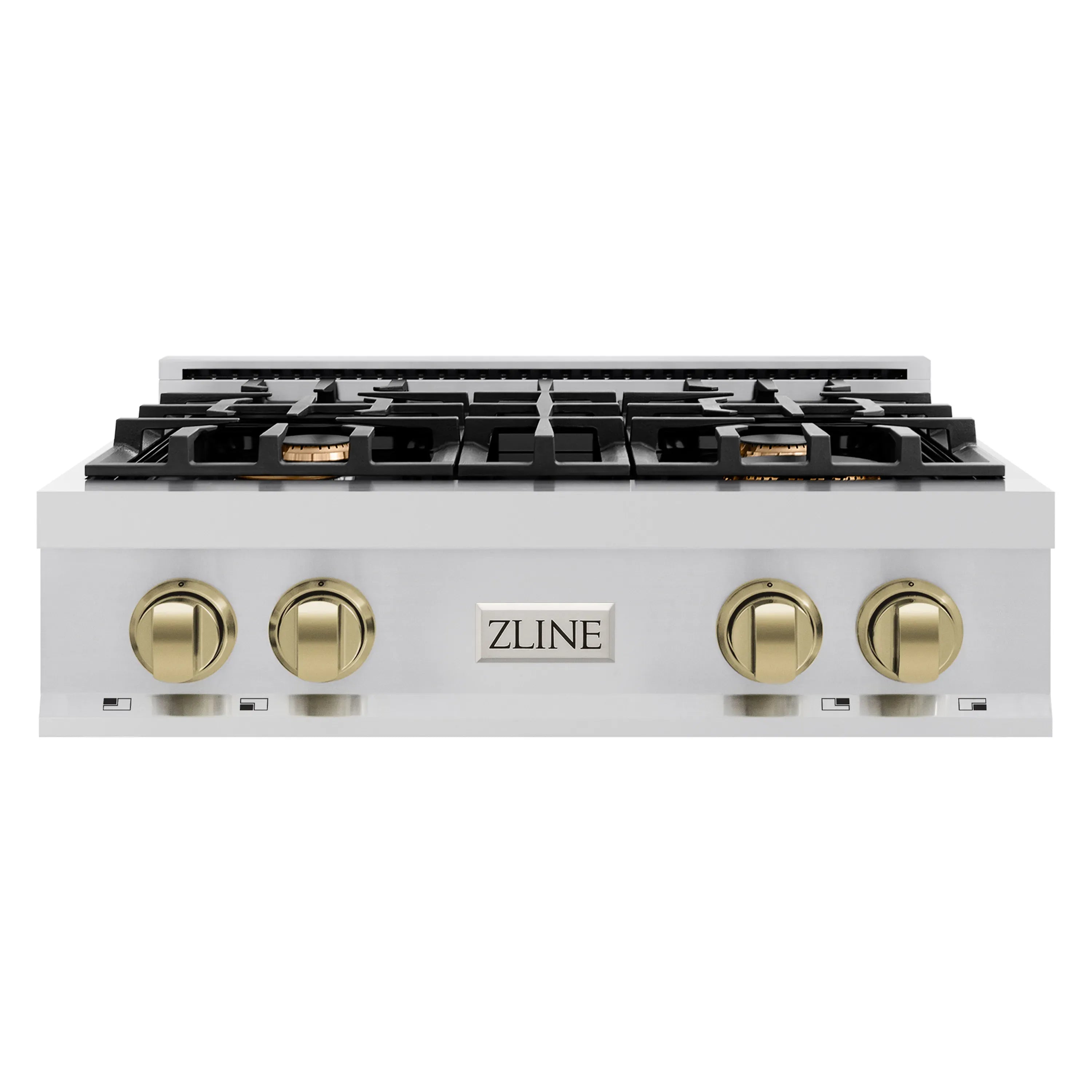 Front view of a stainless gas rangetop with four burners and champagne bronze controls