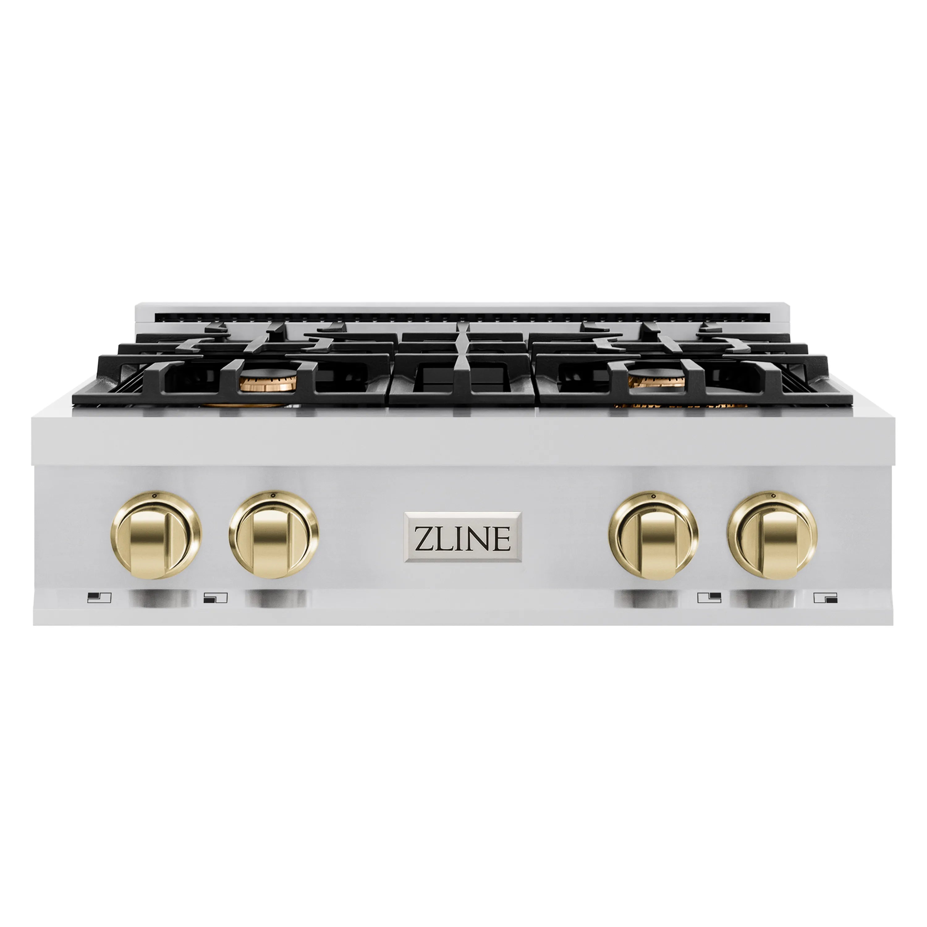 Stainless steel four-burner gas rangetop with black grates and gold knobs