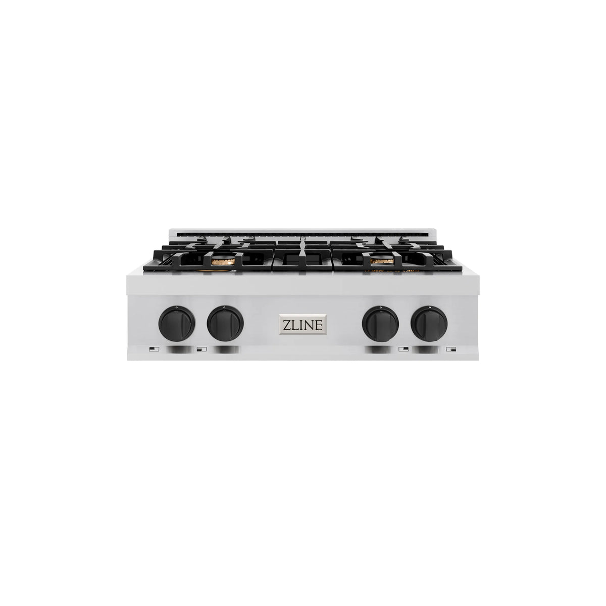 Stainless steel 30-inch gas rangetop with four brass burners and matte black control knobs.
