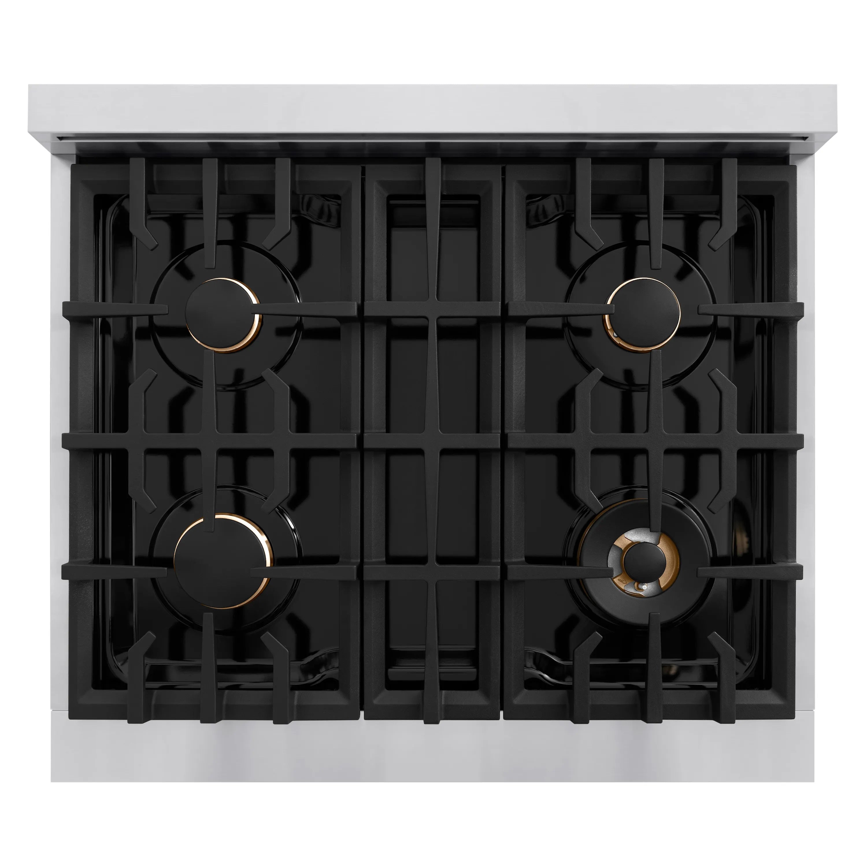 Top-down view of black cooktop grates with four circular burner openings and gold accents.