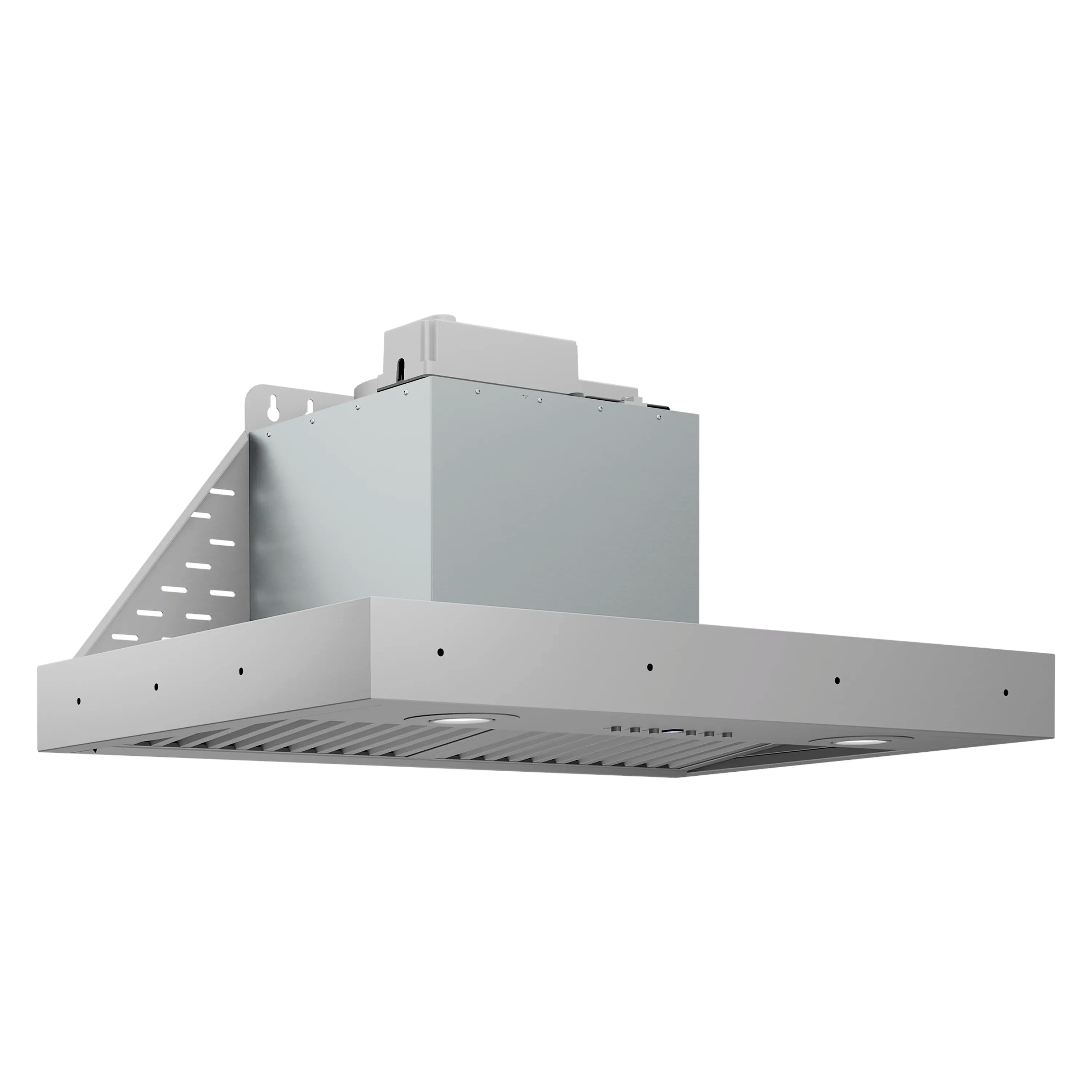 Stainless steel wall mount range hood insert with vent grille and baffle panels
