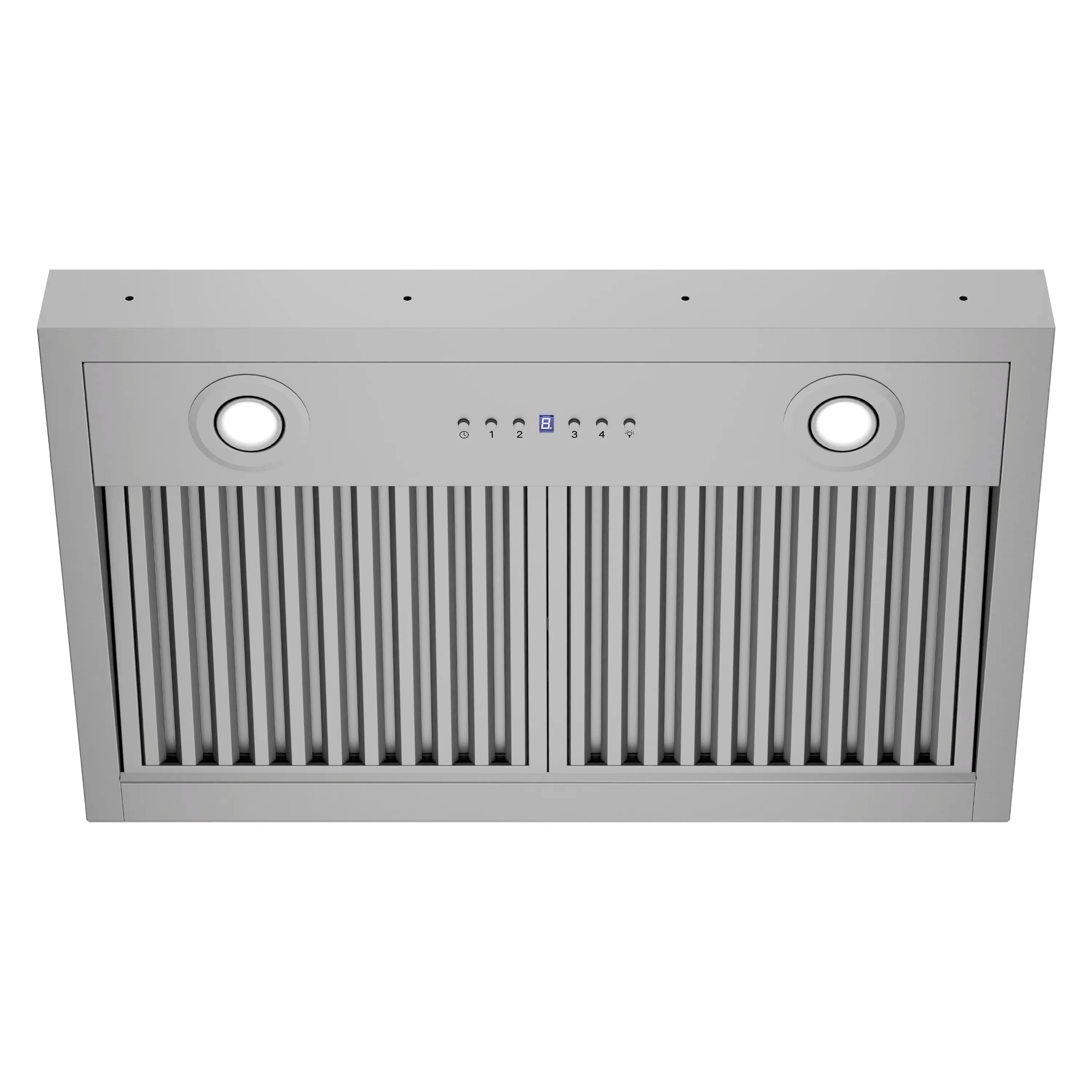 Stainless steel range hood insert face with circular knobs and vent grille