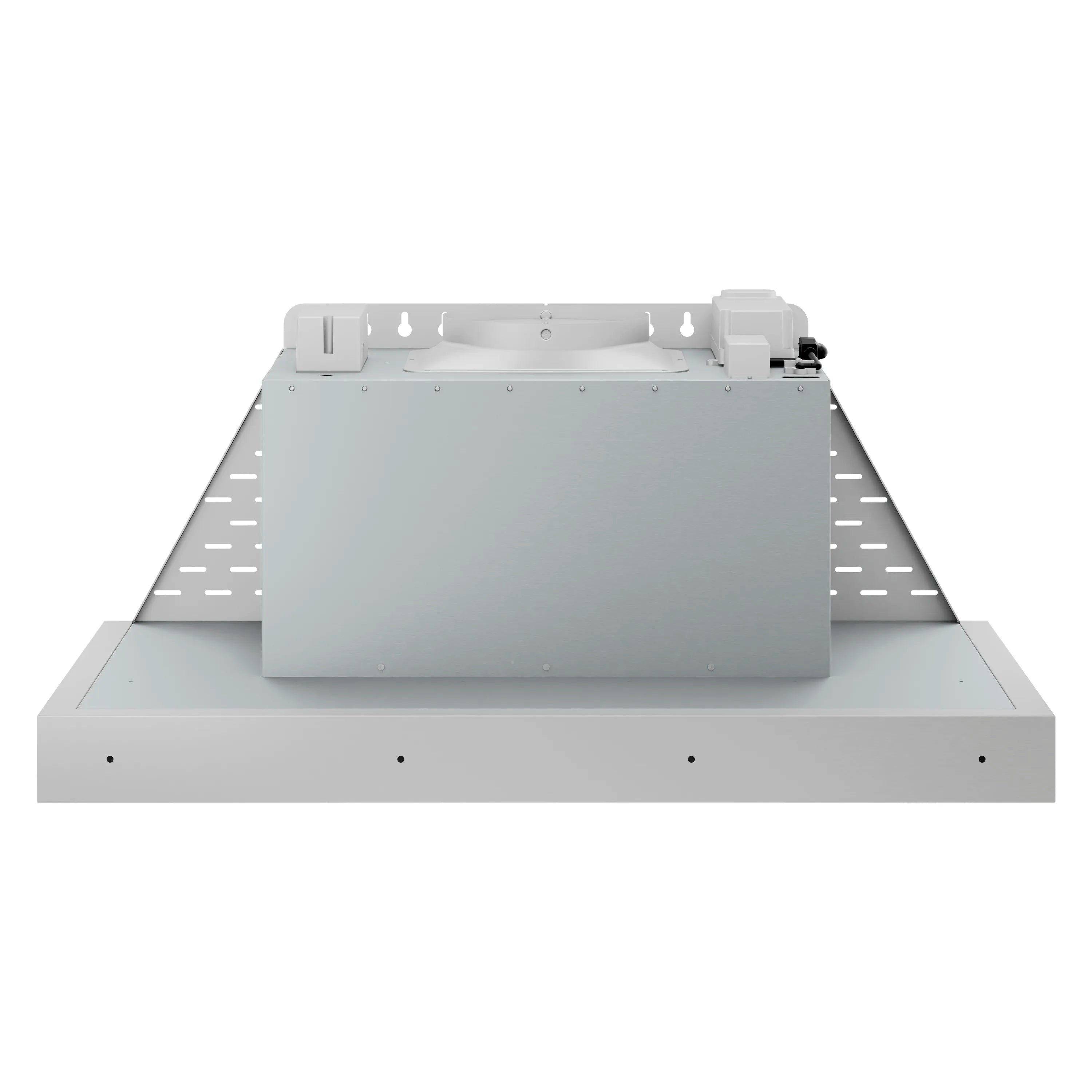 Stainless steel range hood insert with front panel and raised duct opening