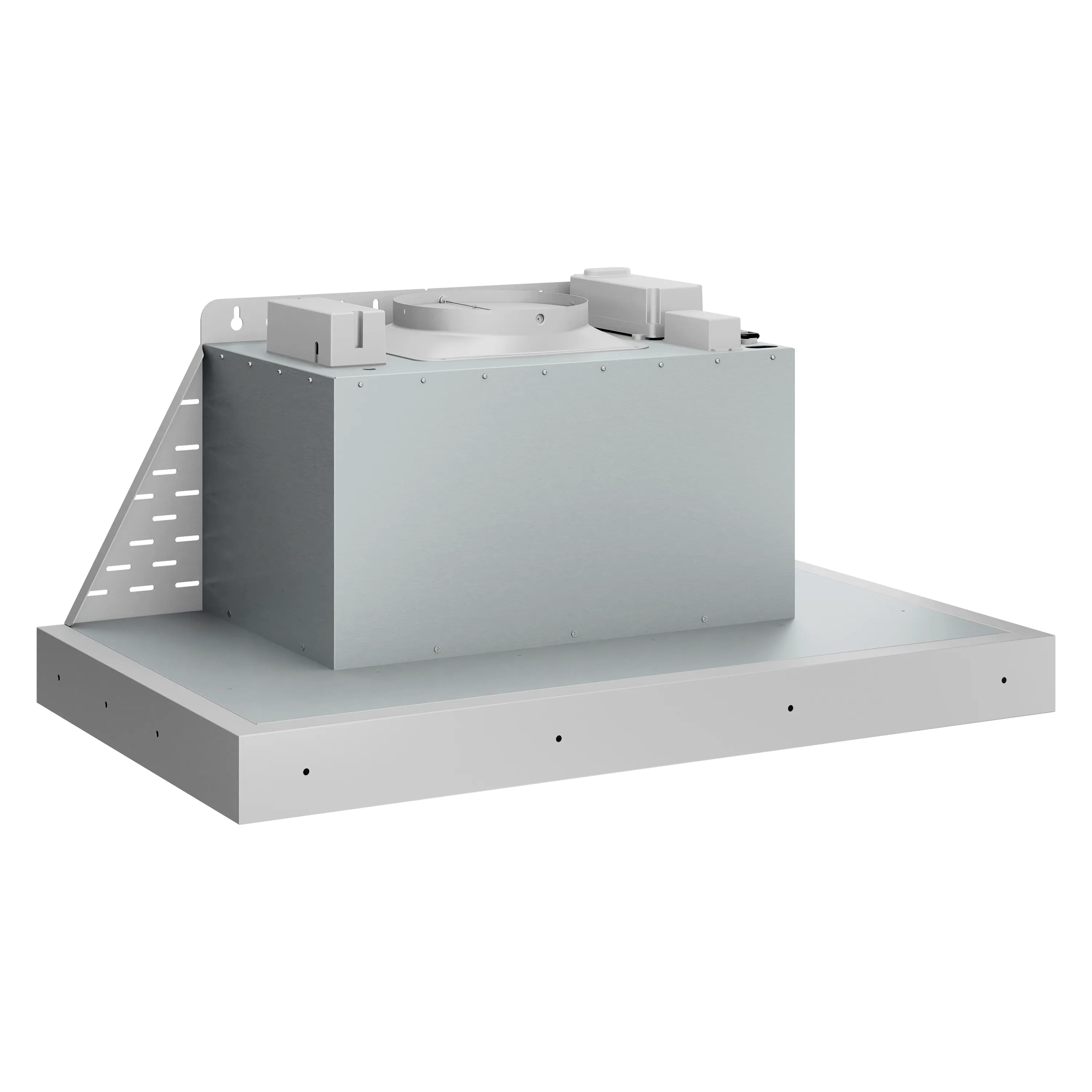 Stainless steel range hood insert with open housing and interior baffle