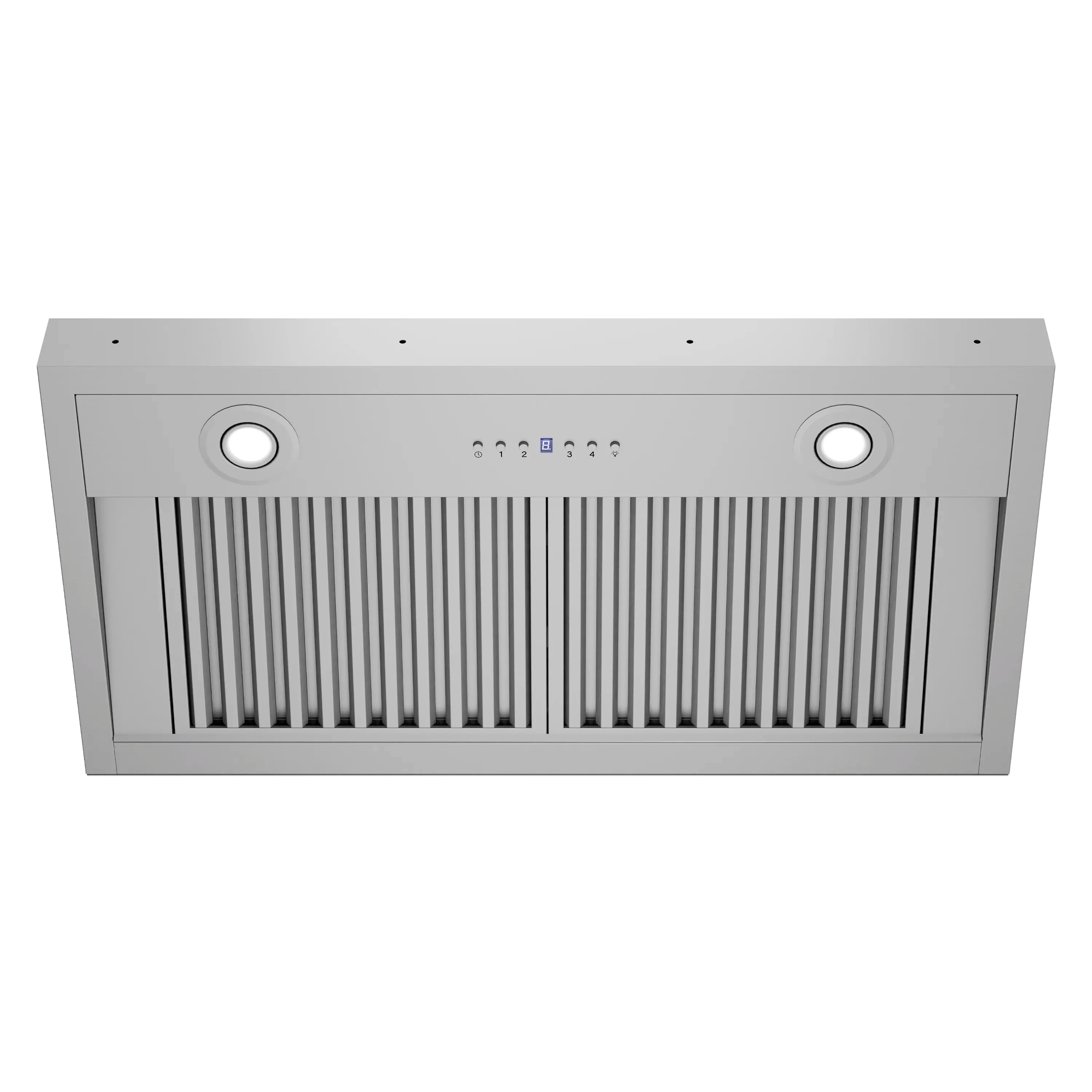 Range hood insert front panel with vertical grille and two round fan lights