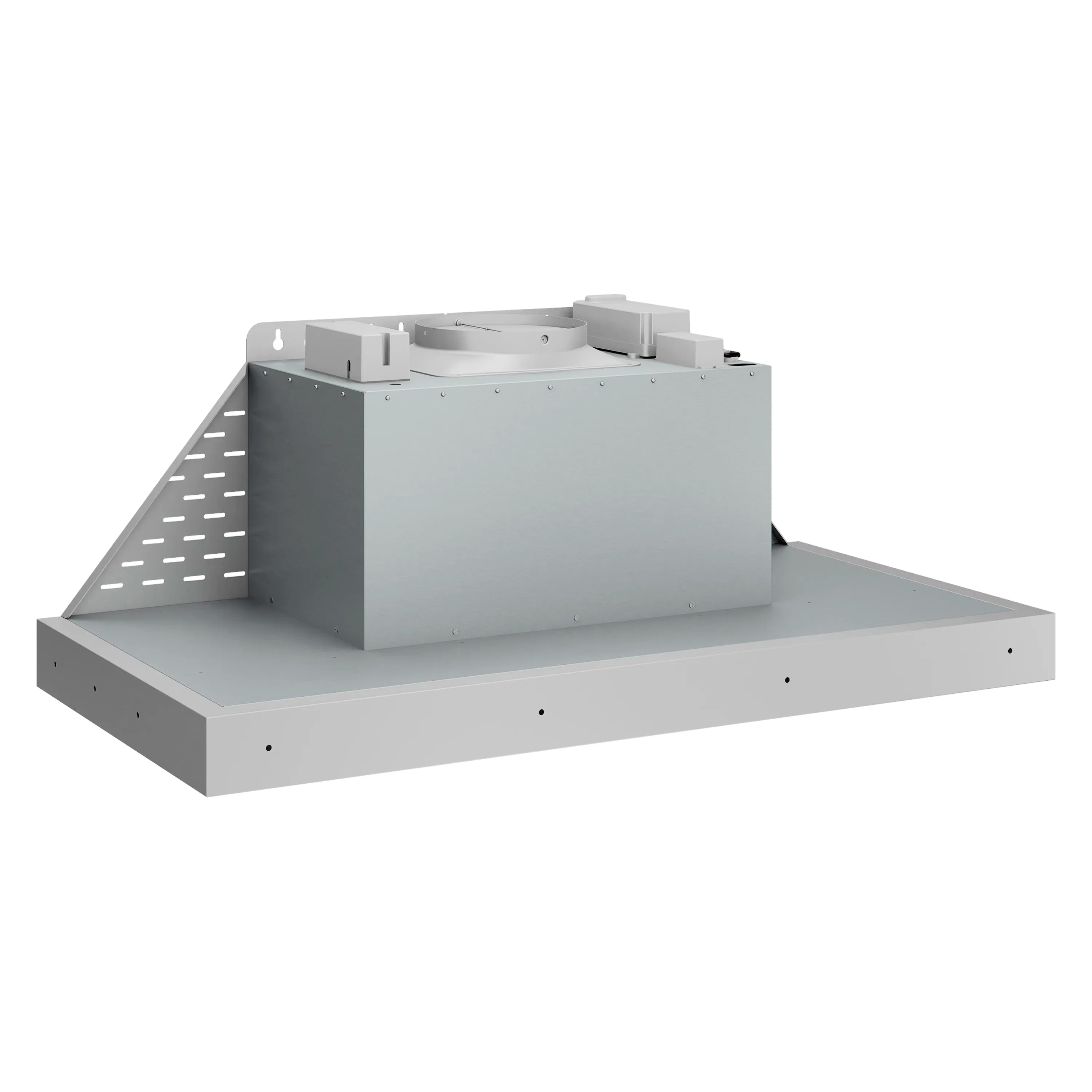 Stainless steel range hood insert base with mounting brackets and housing