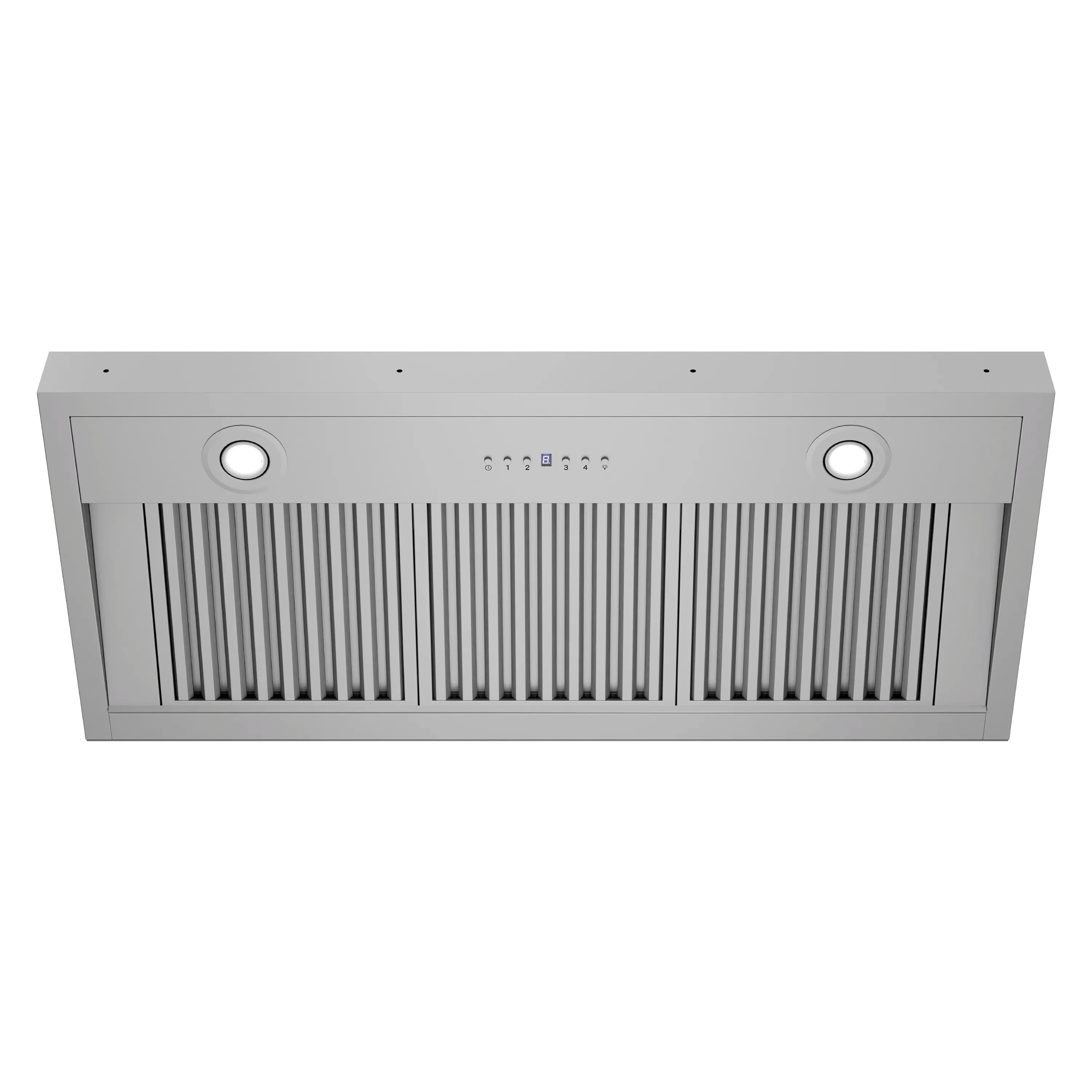 Stainless steel front panel with vent louvers and two round control knobs
